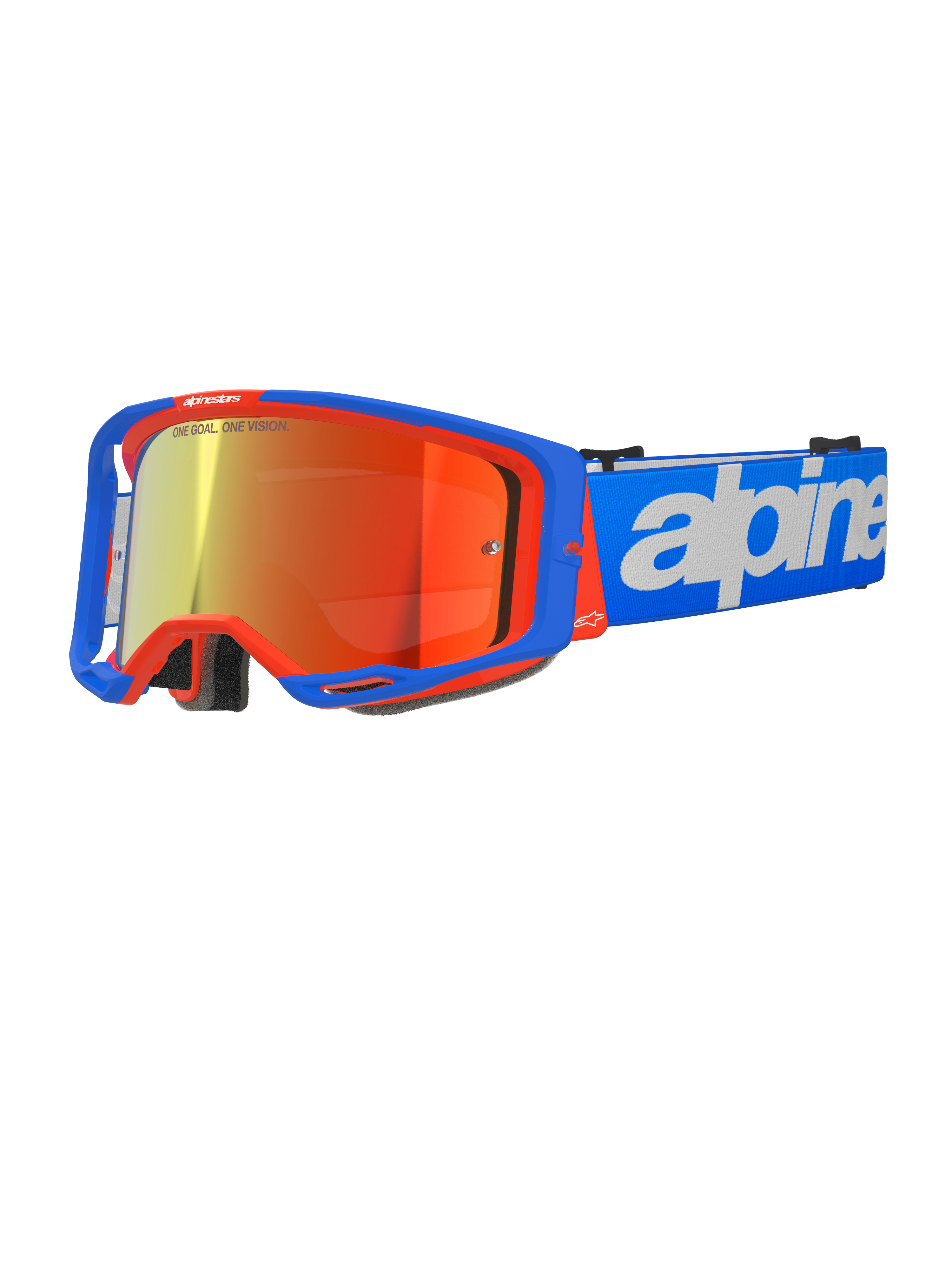 Gafas Alpinestars Vision 8 Wordmark, gafas de motocross, azul y naranja con lente de espejo roja, amplio campo de visión, correa ajustable azul con un logotipo blanco llamativo, acolchado de espuma y ventilación para conducción off-road