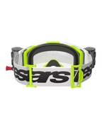 Gafas Alpinestars Vision 8 Wordmark, vista trasera, blanco y amarillo flúor, con sistema Roll-Off integrado con depósitos, correa tejida blanca ancha con logotipo Alpinestars en negro, espuma facial moldeada en 3D y lente transparente
