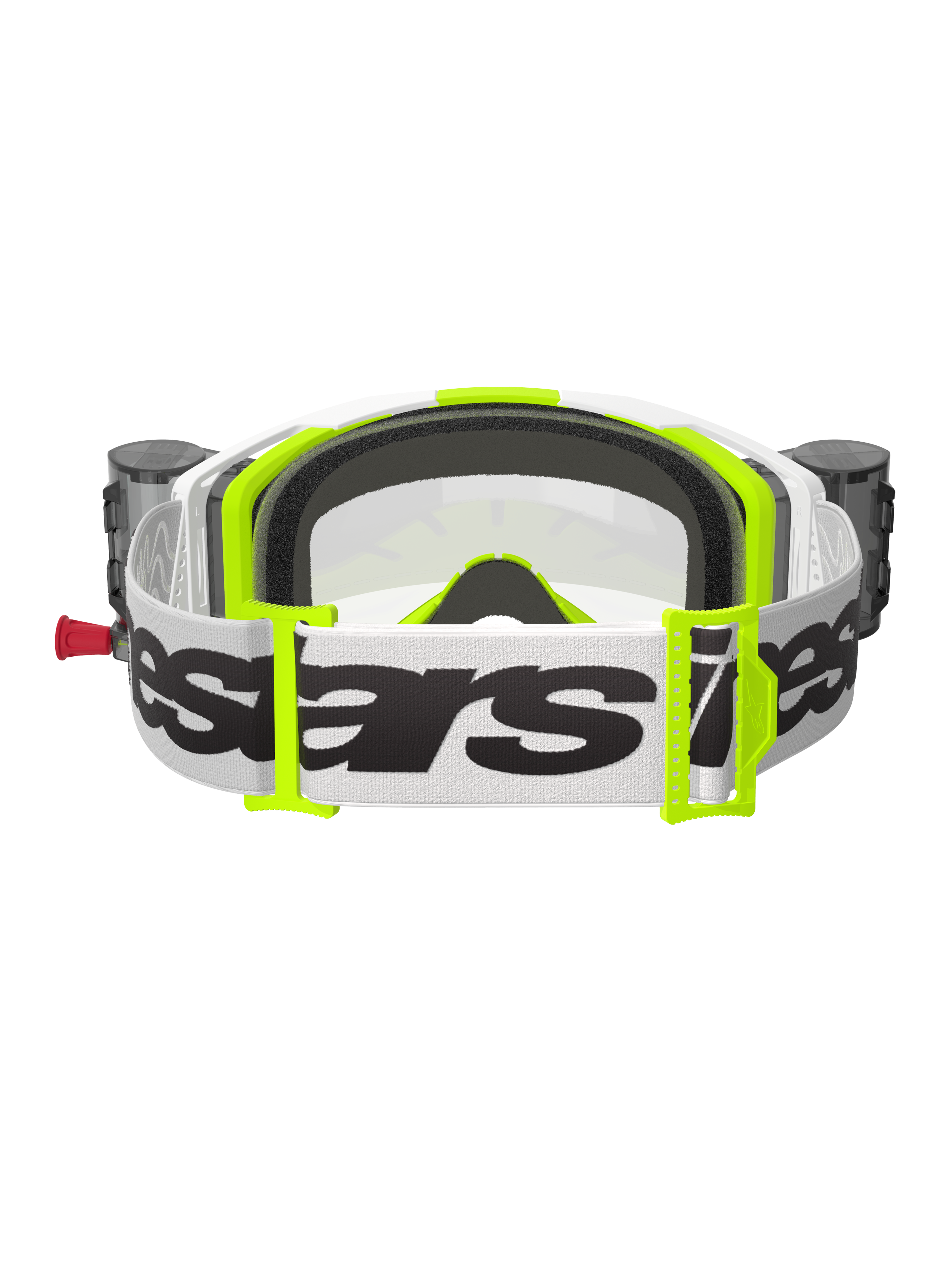 Gafas Alpinestars Vision 8 Wordmark, vista trasera, blanco y amarillo flúor, con sistema Roll-Off integrado con depósitos, correa tejida blanca ancha con logotipo Alpinestars en negro, espuma facial moldeada en 3D y lente transparente