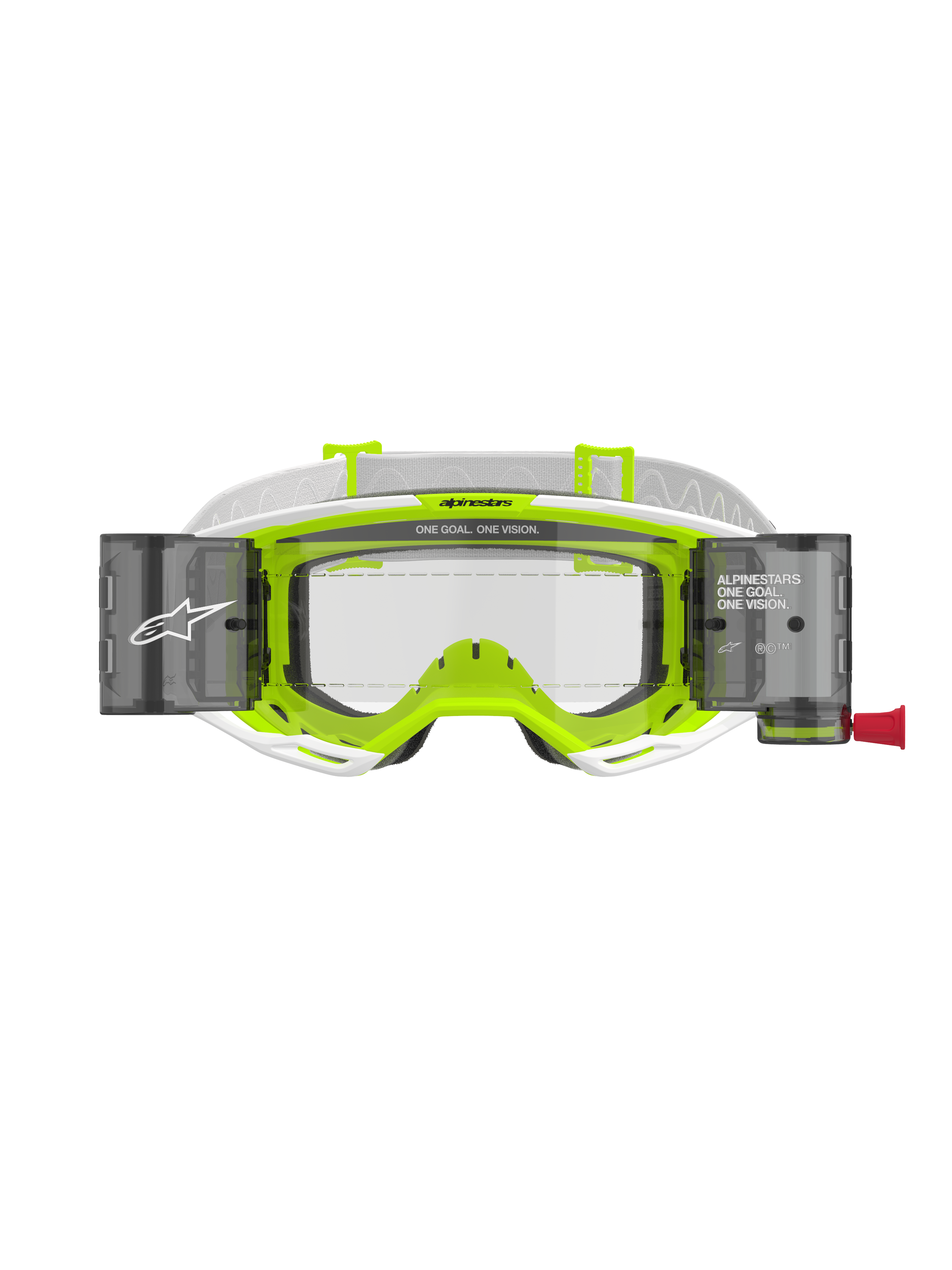 Alpinestars Vision 8 Wordmark Goggles Roll Off, White and Fluorescent Yellow frame, clear lens with integrated roll-off system canisters, white woven strap, featuring 'ONE GOAL. ONE VISION.' branding, professional motocross eye protection