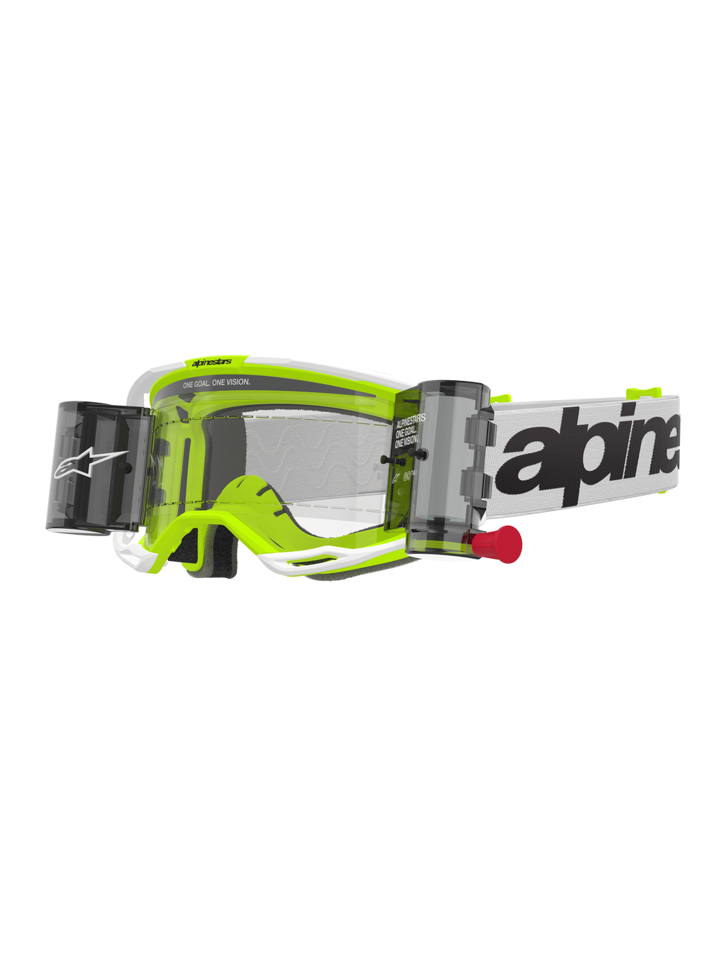 Alpinestars Vision 8 Wordmark Goggles Roll Off, Motocross Goggles, White and Fluorescent Yellow, Clear Lens with Roll-Off System, white strap with black Alpinestars wordmark, red pull tab, professional off-road racing eye protection