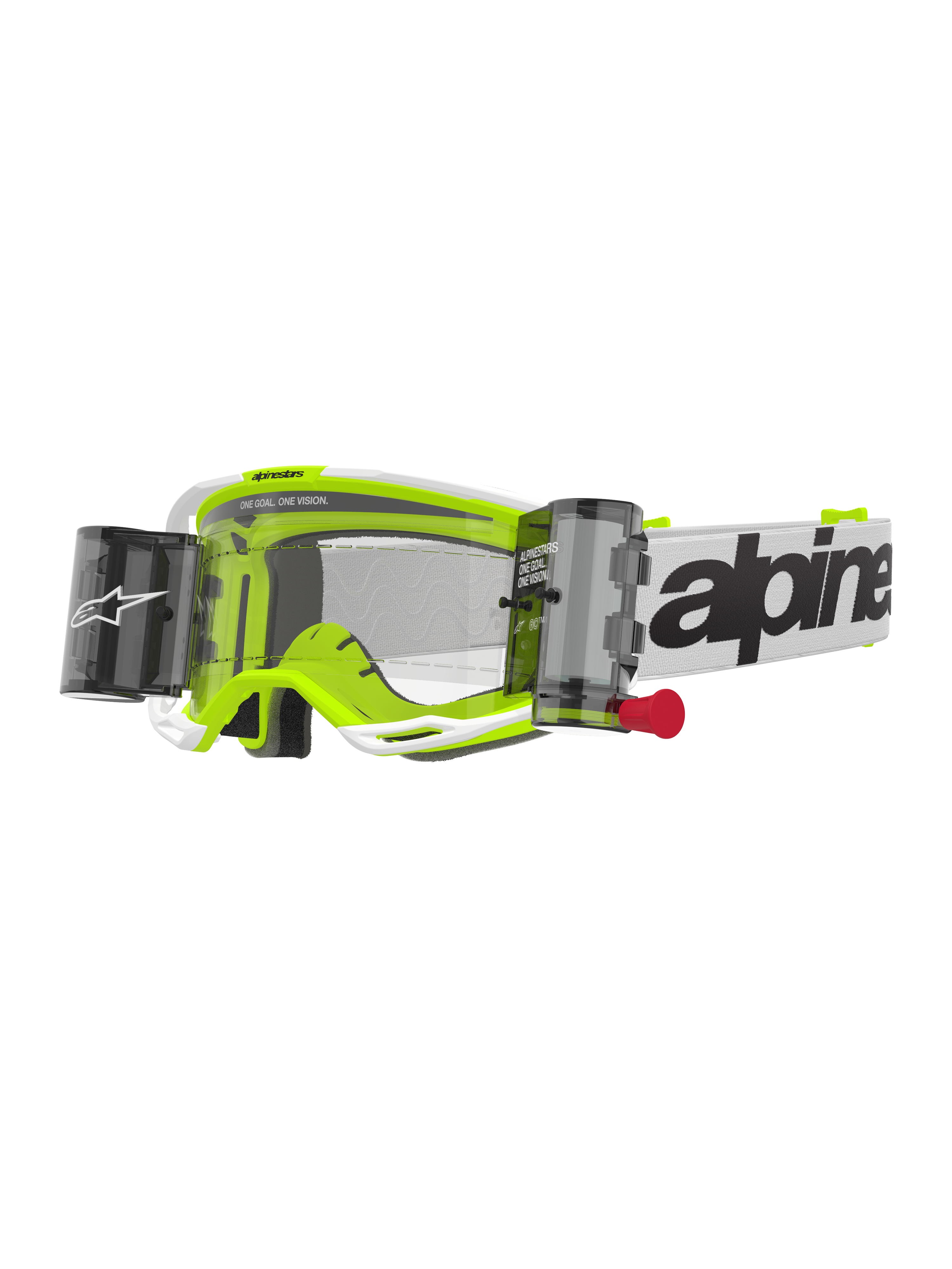 Alpinestars Vision 8 Wordmark Goggles Roll Off, gafas de motocross, blanco y amarillo flúor, lente transparente con sistema roll-off, correa blanca con logotipo Alpinestars en negro, tirador rojo, protección ocular profesional para carreras todoterreno