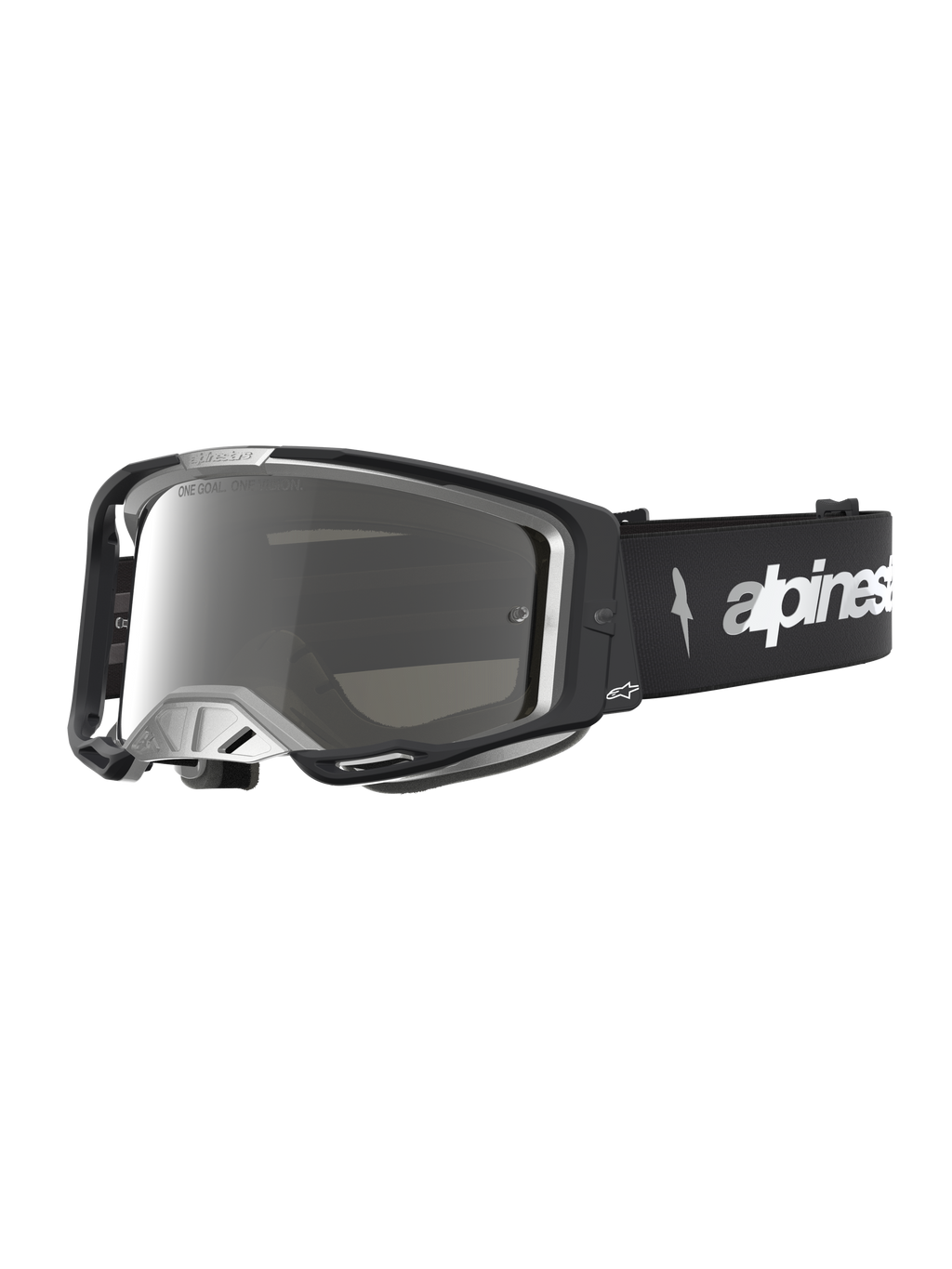 Gafas Alpinestars Vision 8 Amber Mirror, gafas de motocross negras y plateadas, con montura A-FLEX y lente de espejo.