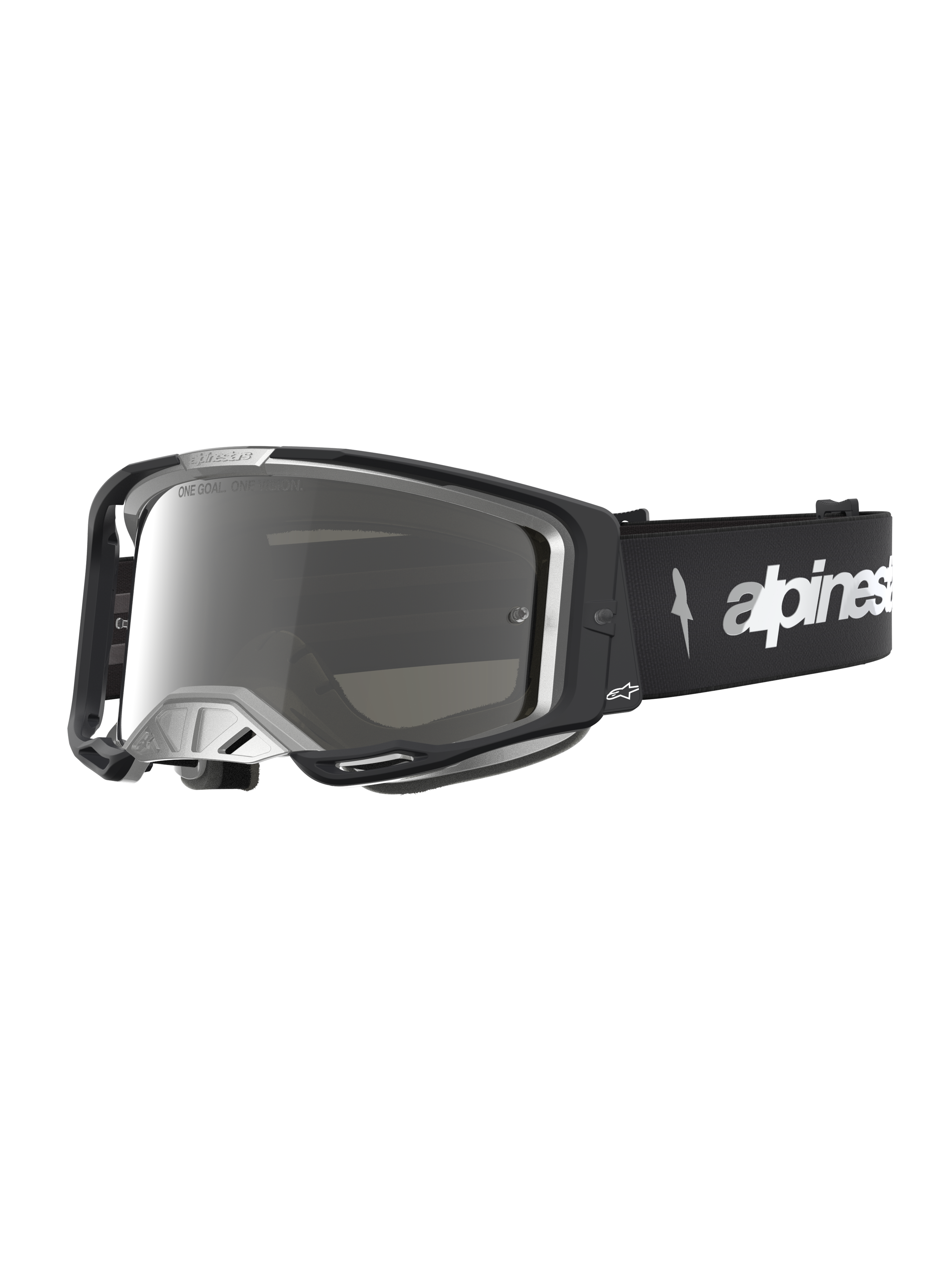 Alpinestars Vision 8 Amber Mirror Motocross Goggles in black and silver, with flexible A-FLEX frame and mirror lens.