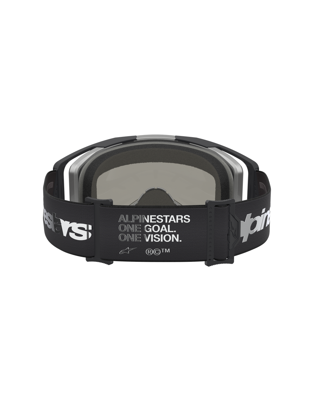 Gafas Alpinestars Vision 8 Amber Mirror, gafas de motocross negras y plateadas, vista posterior con correa ancha y lema One Goal One Vision, lente de espejo, equipo de protección para off-road