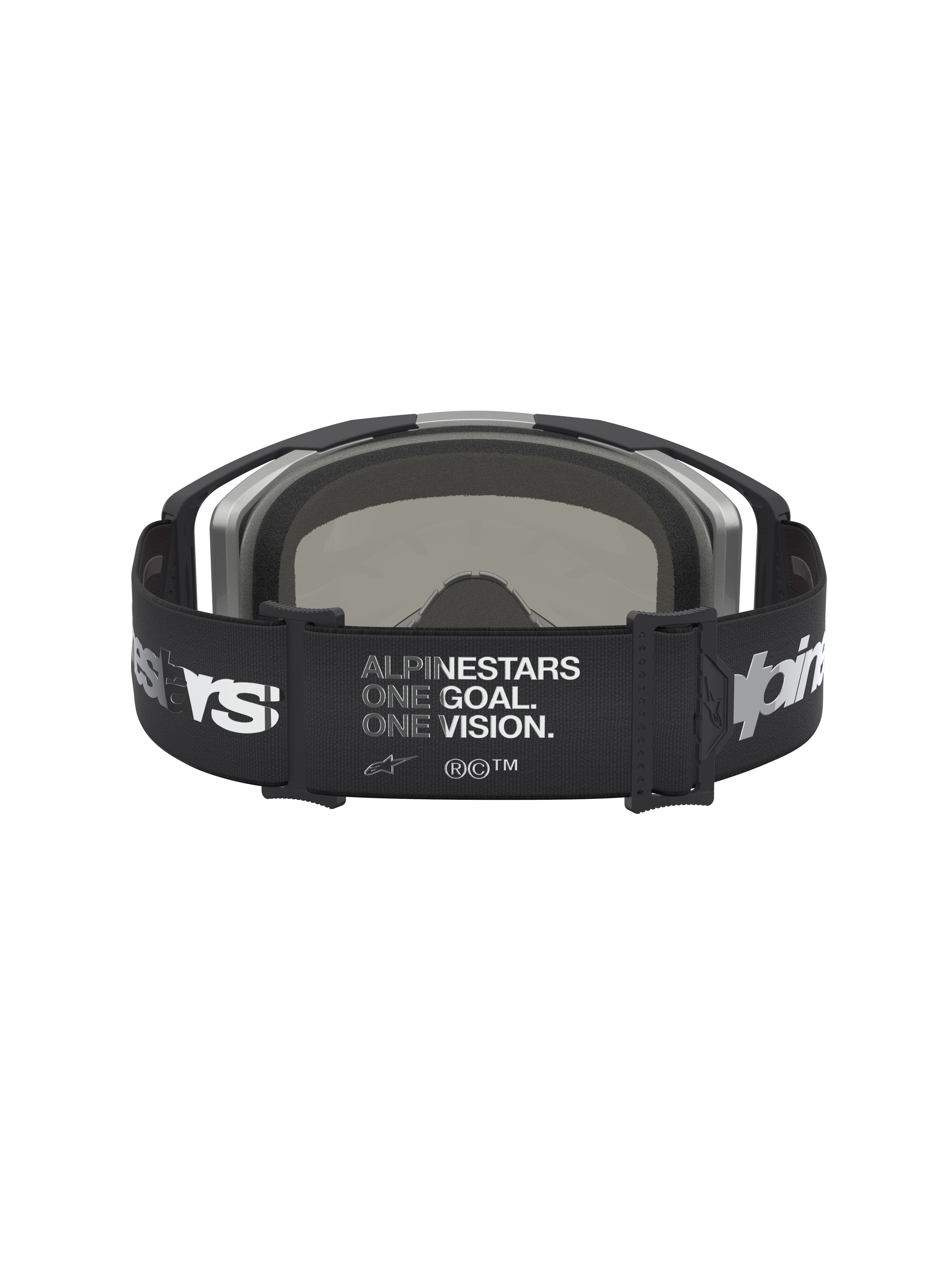 Gafas Alpinestars Vision 8 Amber Mirror, gafas de motocross negras y plateadas, vista posterior con correa ancha y lema One Goal One Vision, lente de espejo, equipo de protección para off-road