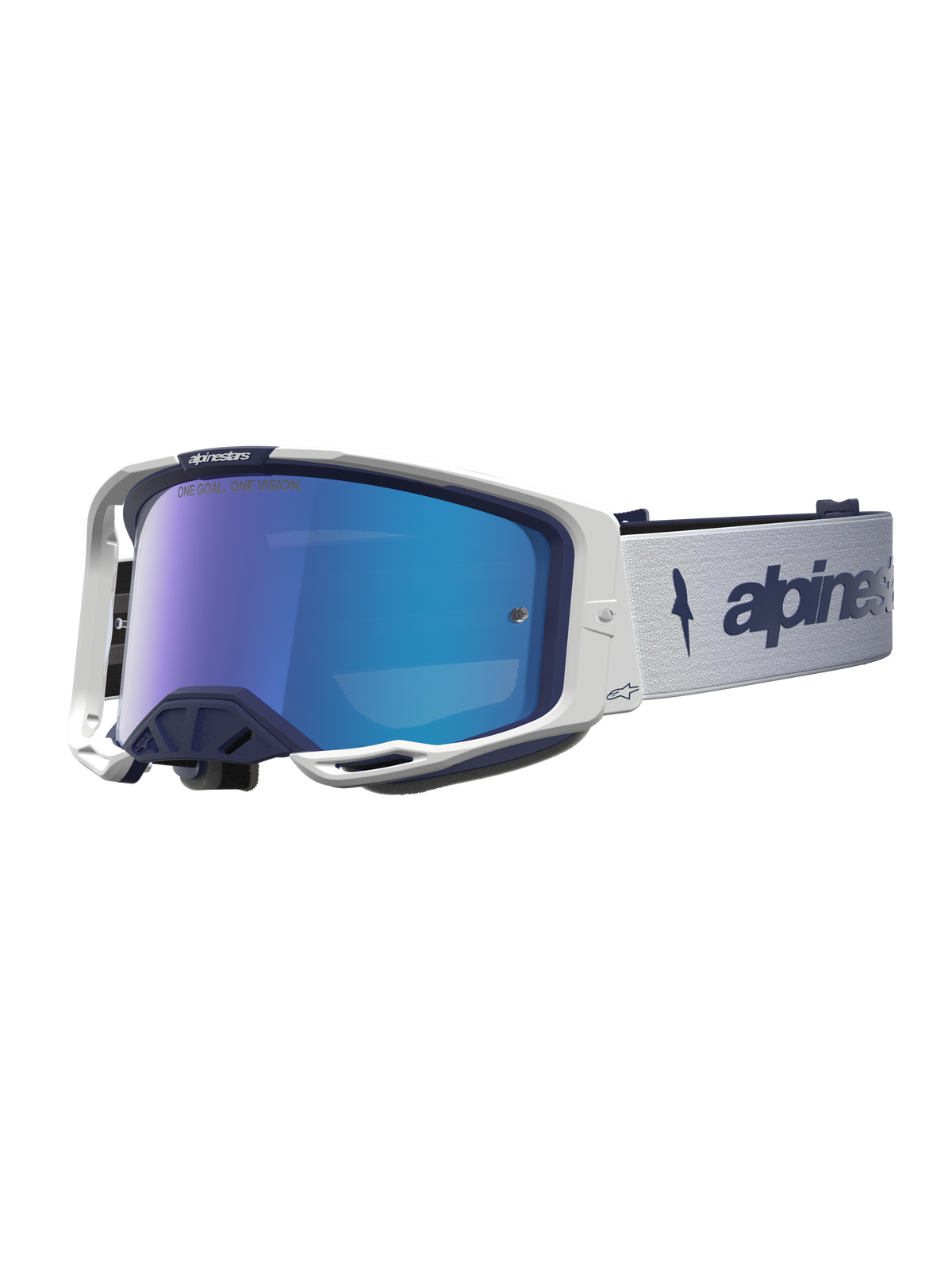 Alpinestars Vision 8 Ámbar Espejo, gafas de motocross en azul marino y blanco, lente de espejo azul, marco A-FLEX y ventilación RAM-AIR para carreras de alto rendimiento