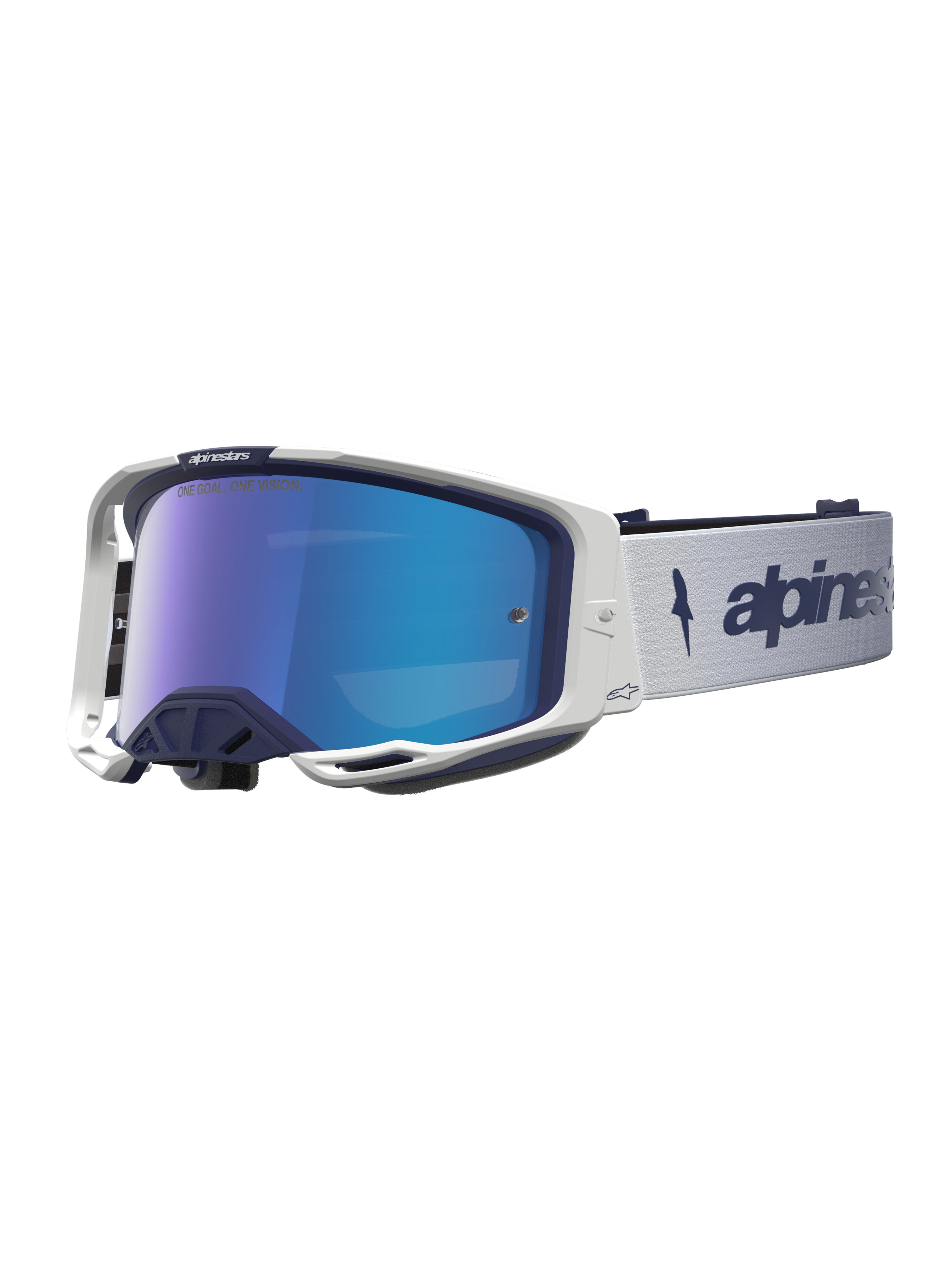 Alpinestars Vision 8 Ámbar Espejo, gafas de motocross en azul marino y blanco, lente de espejo azul, marco A-FLEX y ventilación RAM-AIR para carreras de alto rendimiento