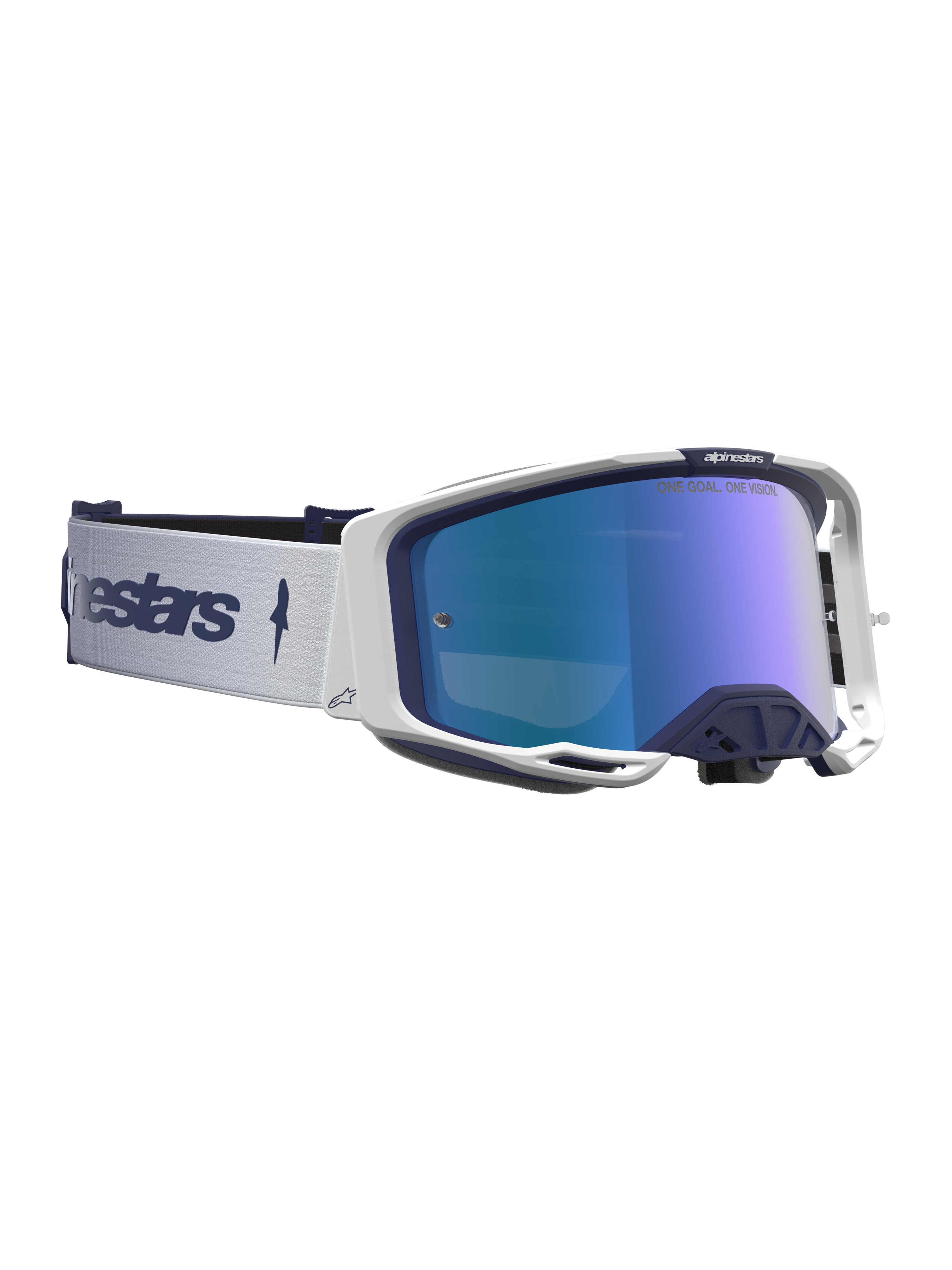 Alpinestars Vision 8 Ámbar Espejo, gafas de motocross en blanco y azul marino, lente de espejo azul, ventilación RAM-AIR y marco flexible A-FLEX