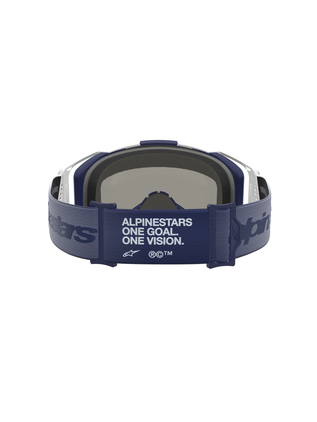 Alpinestars Vision 8 Ámbar Espejo, gafas de motocross con correa azul marino y blanco, vista trasera que muestra el manifiesto de marca y espuma facial 3D
