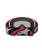 Alpinestars Vision 8 Luar Goggles, Motocross Goggles, Red Black and Mirror Silver, wide woven strap with bold grey and red Alpinestars logo, rear view showing black face foam and red frame, high-performance protective eyewear
