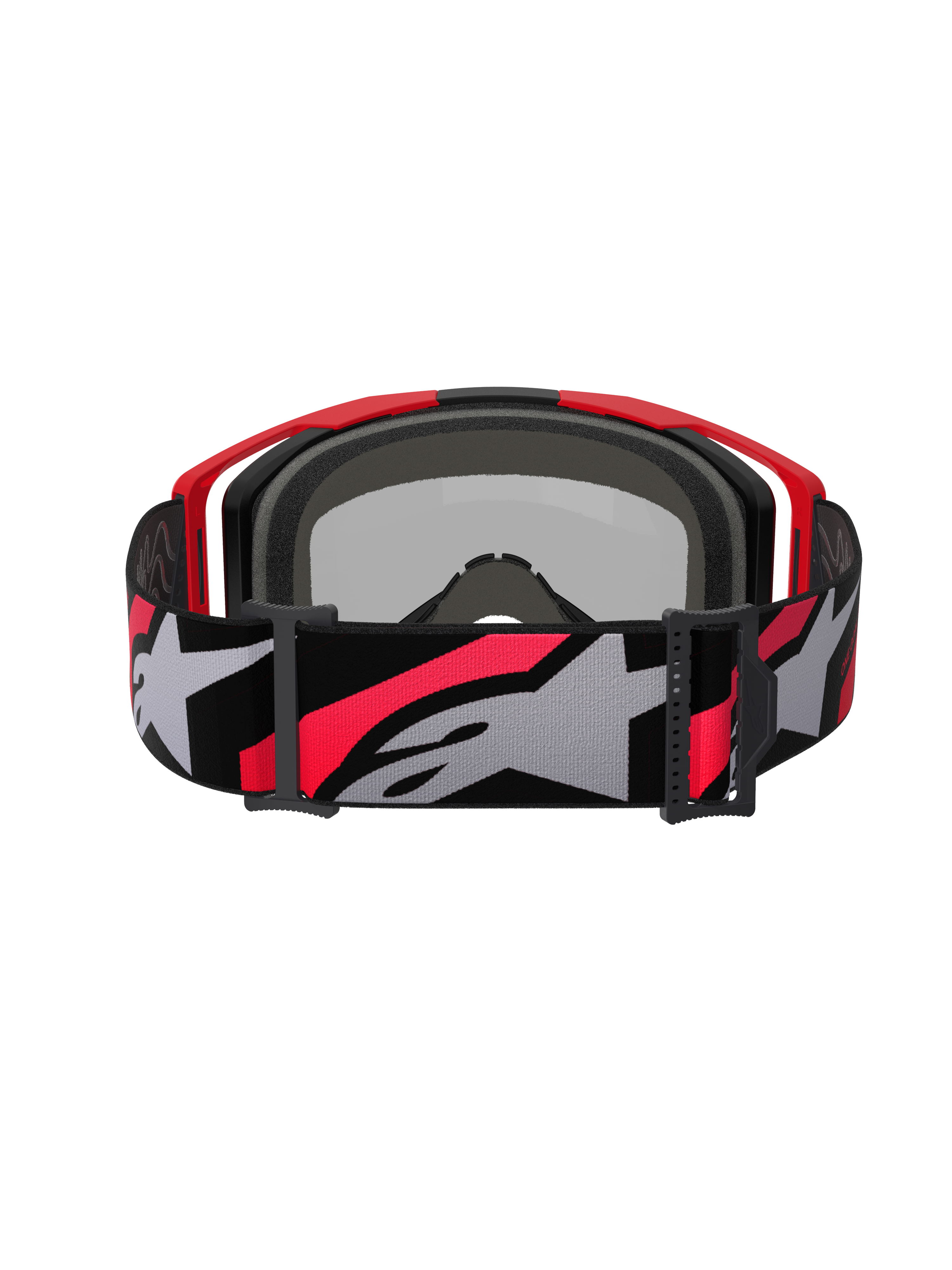 Alpinestars Vision 8 Luar Goggles, Motocross Goggles, Red Black and Mirror Silver, wide woven strap with bold grey and red Alpinestars logo, rear view showing black face foam and red frame, high-performance protective eyewear