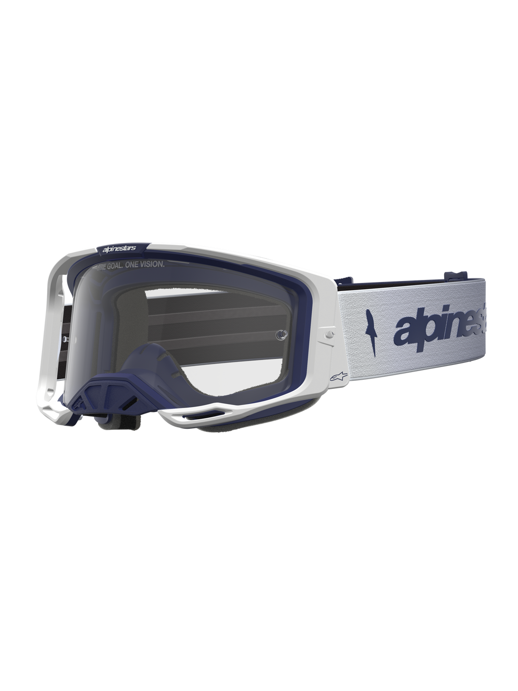 Alpinestars Vision 8 Amber, gafas de motocross, blancas y azul marino, lente transparente, ventilación RAM-AIR y marco A-FLEX