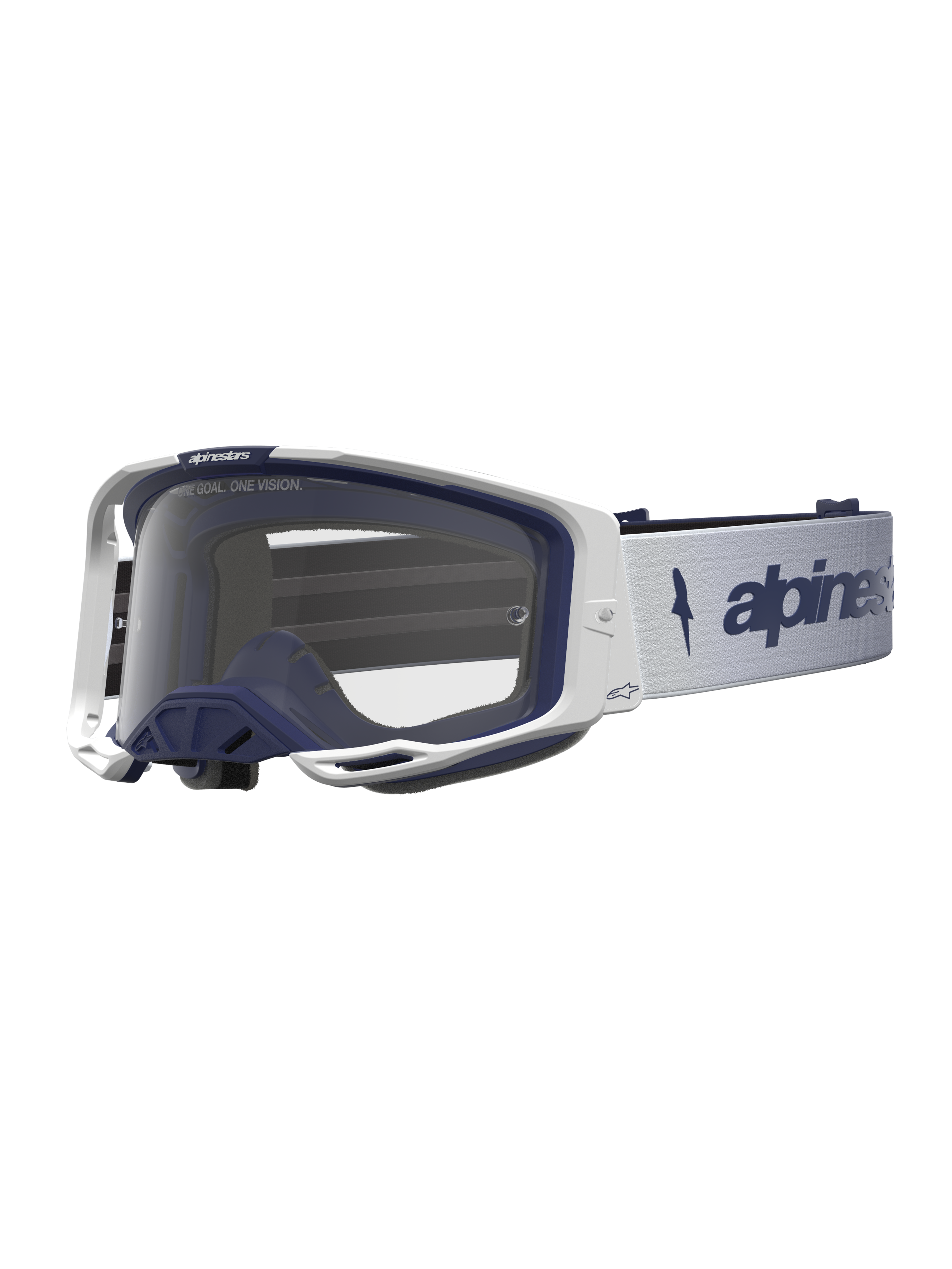 Alpinestars Vision 8 Amber, gafas de motocross, blancas y azul marino, lente transparente, ventilación RAM-AIR y marco A-FLEX