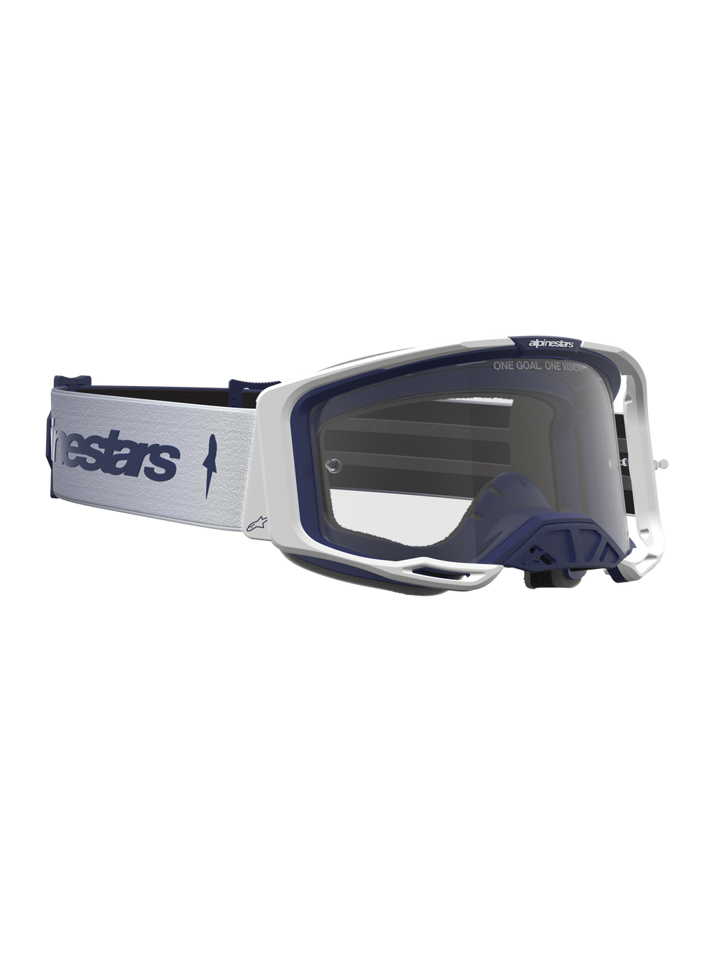 Alpinestars Vision 8 Amber, gafas de motocross, blancas y azul marino, lente transparente y marco A-FLEX flexible