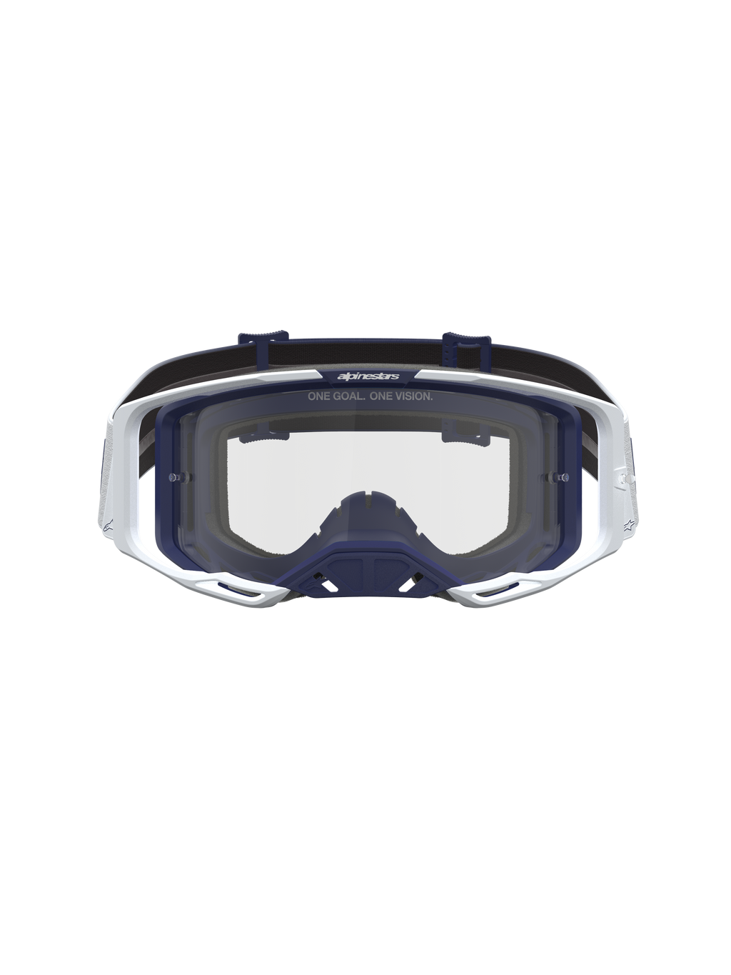 Alpinestars Vision 8 Amber, gafas de motocross para hombre, blancas y azul marino, lente transparente, marco A-FLEX y ventilación RAM-AIR