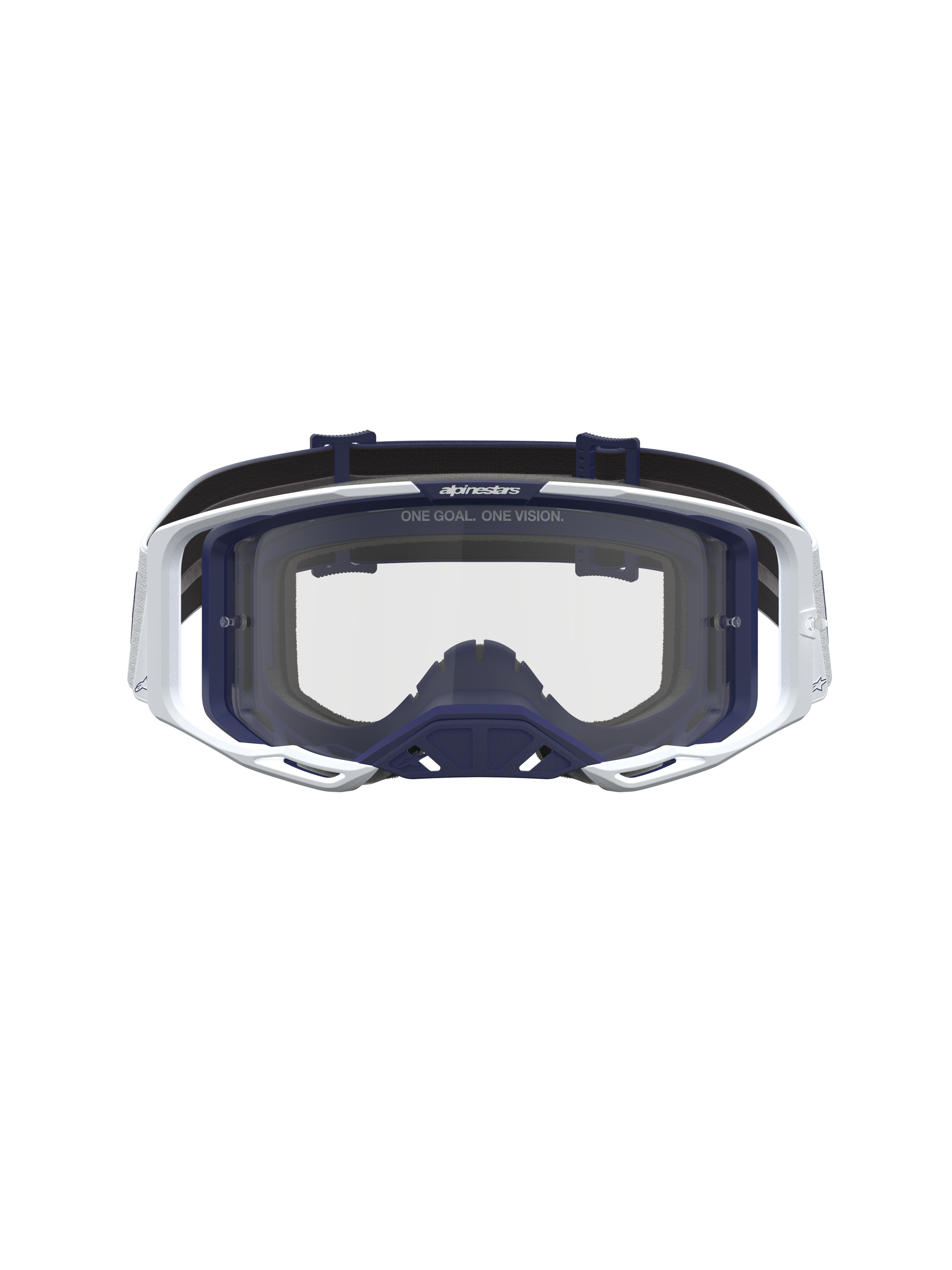 Alpinestars Vision 8 Amber, gafas de motocross para hombre, blancas y azul marino, lente transparente, marco A-FLEX y ventilación RAM-AIR