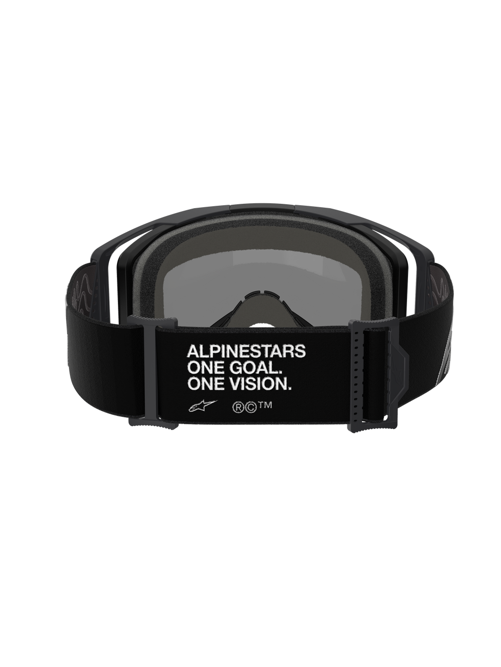 Gafas Alpinestars Vision 8 Corp, gafas de motocross, vista trasera de la correa ajustable negra con el lema blanco 'ALPINESTARS ONE GOAL. ONE VISION.', montura negra y acolchado de espuma