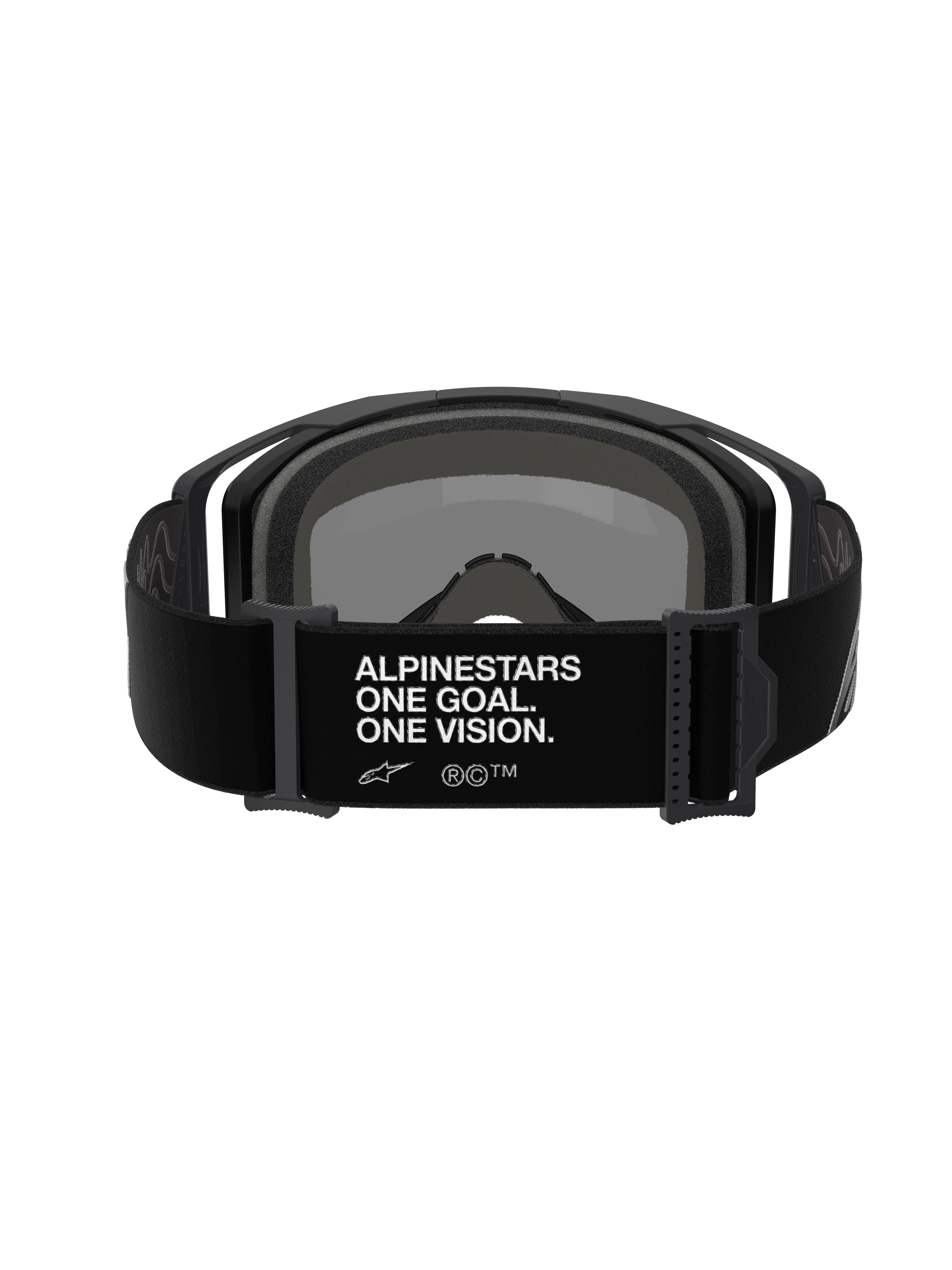 Gafas Alpinestars Vision 8 Corp, gafas de motocross, vista trasera de la correa ajustable negra con el lema blanco 'ALPINESTARS ONE GOAL. ONE VISION.', montura negra y acolchado de espuma
