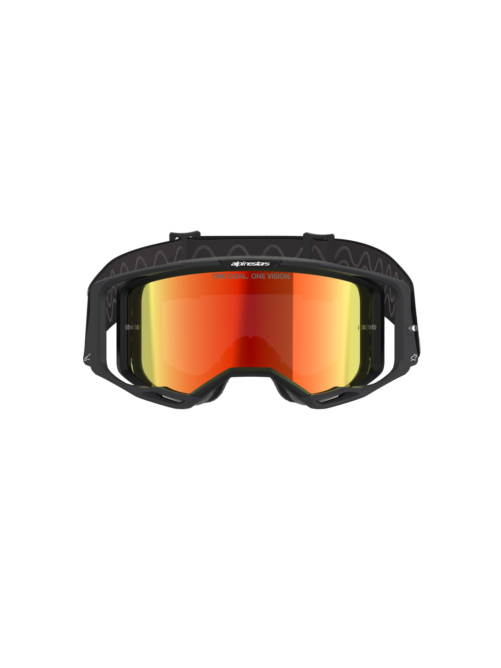 Gafas Alpinestars Vision 8 Corp, gafas de motocross, negro y rojo espejo, vista frontal con lente roja reflectante y texto 'ONE GOAL. ONE VISION.', montura negra con ventilación RAM-AIR, correa ajustable y protección ocular profesional para carreras todoterreno