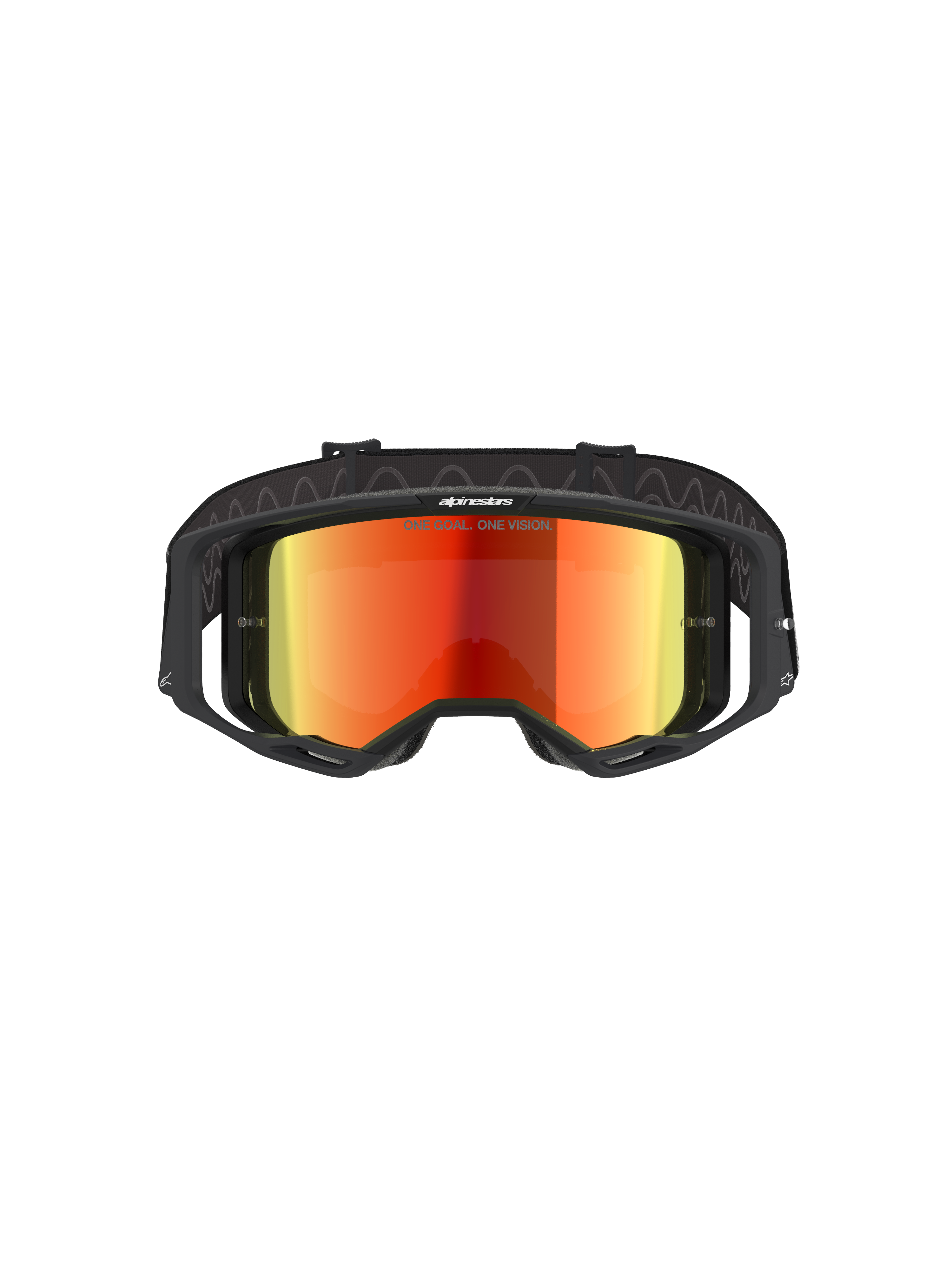 Gafas Alpinestars Vision 8 Corp, gafas de motocross, negro y rojo espejo, vista frontal con lente roja reflectante y texto 'ONE GOAL. ONE VISION.', montura negra con ventilación RAM-AIR, correa ajustable y protección ocular profesional para carreras todoterreno
