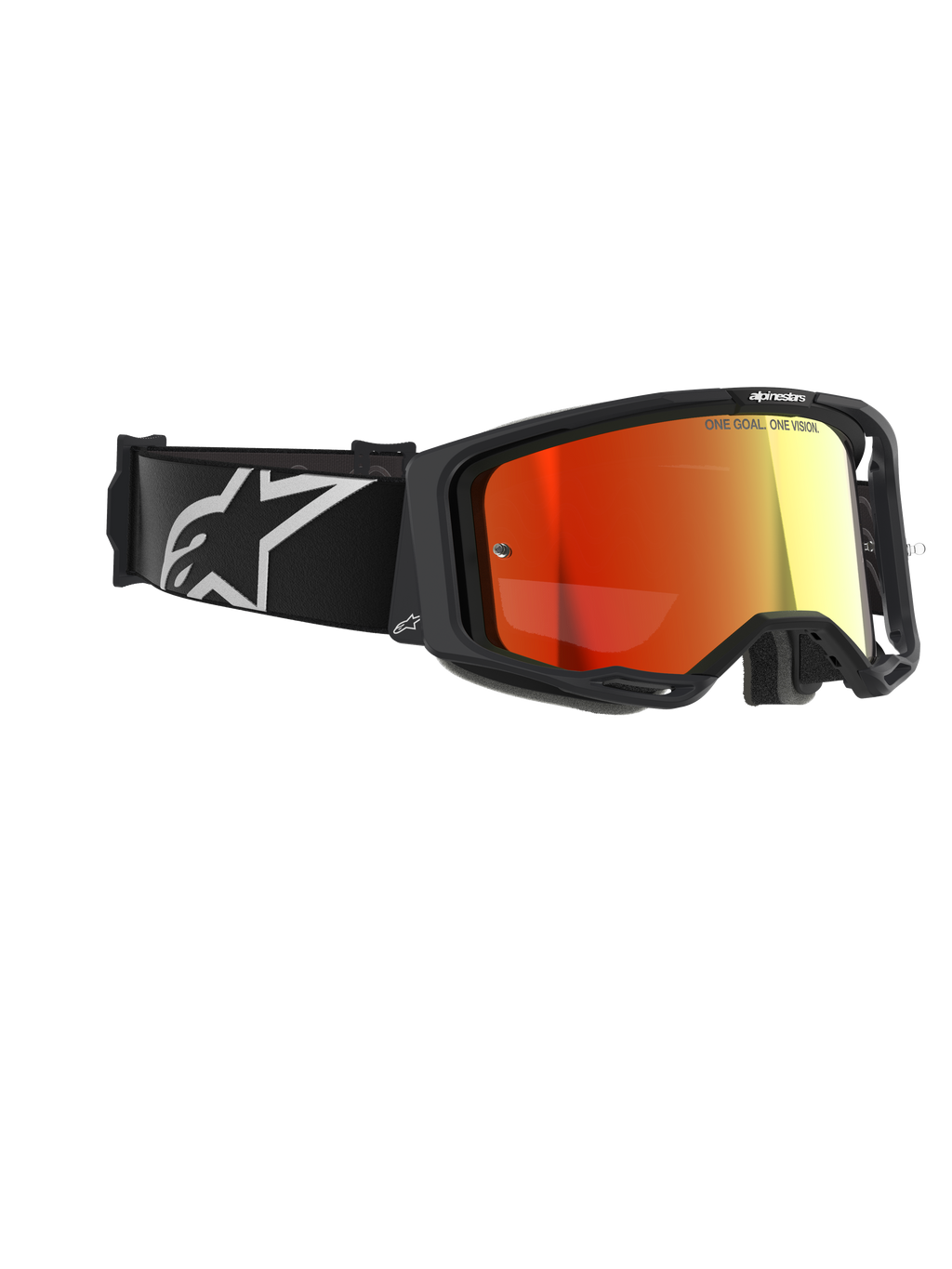 Gafas Alpinestars Vision 8 Corp, gafas de motocross, negras con lente de espejo roja, con correa negra con el logo de Alpinestars en blanco y el texto "ONE GOAL. ONE VISION." en la lente, protección ocular de alto rendimiento para carreras todoterreno
