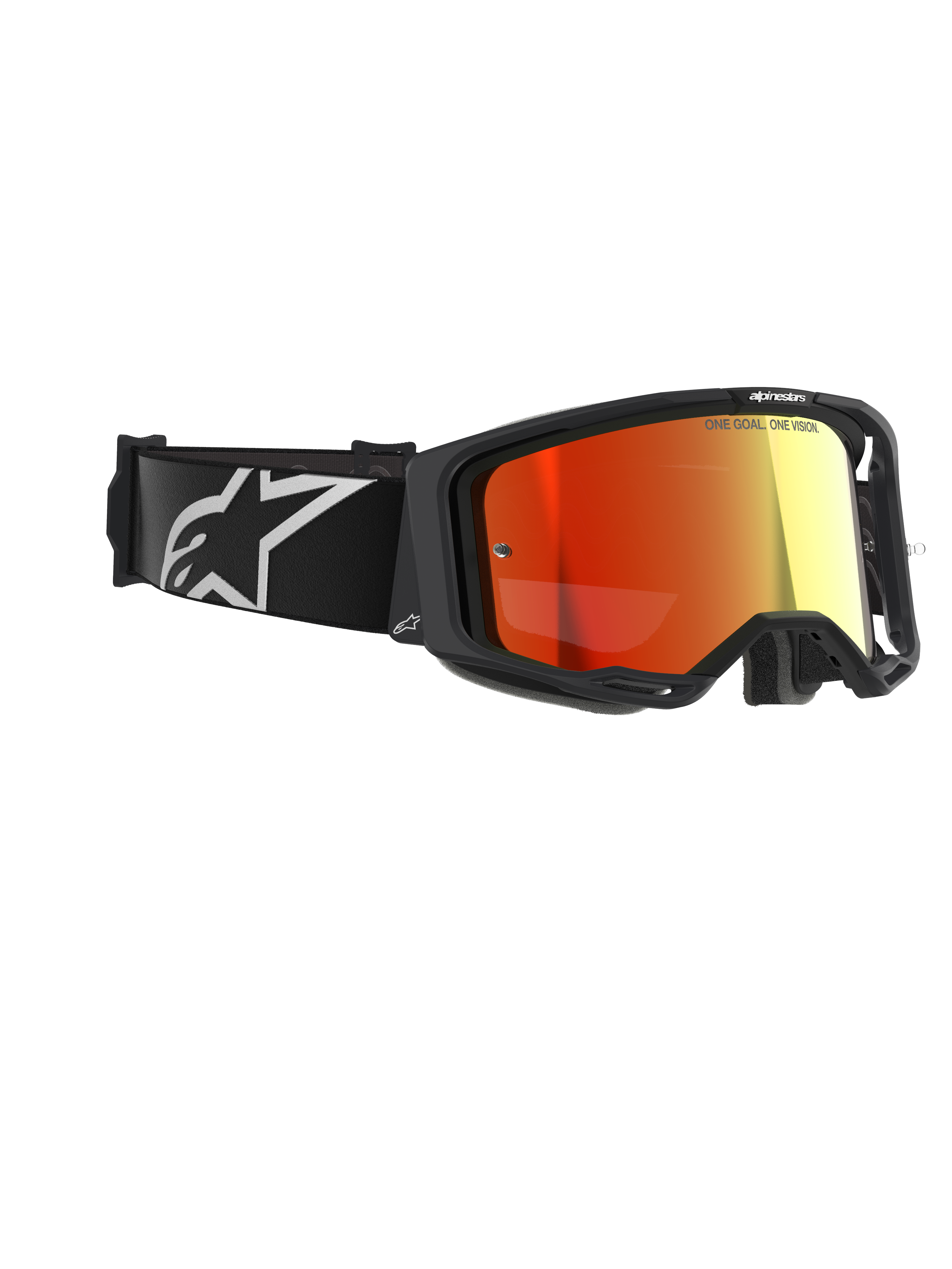 Gafas Alpinestars Vision 8 Corp, gafas de motocross, negras con lente de espejo roja, con correa negra con el logo de Alpinestars en blanco y el texto "ONE GOAL. ONE VISION." en la lente, protección ocular de alto rendimiento para carreras todoterreno