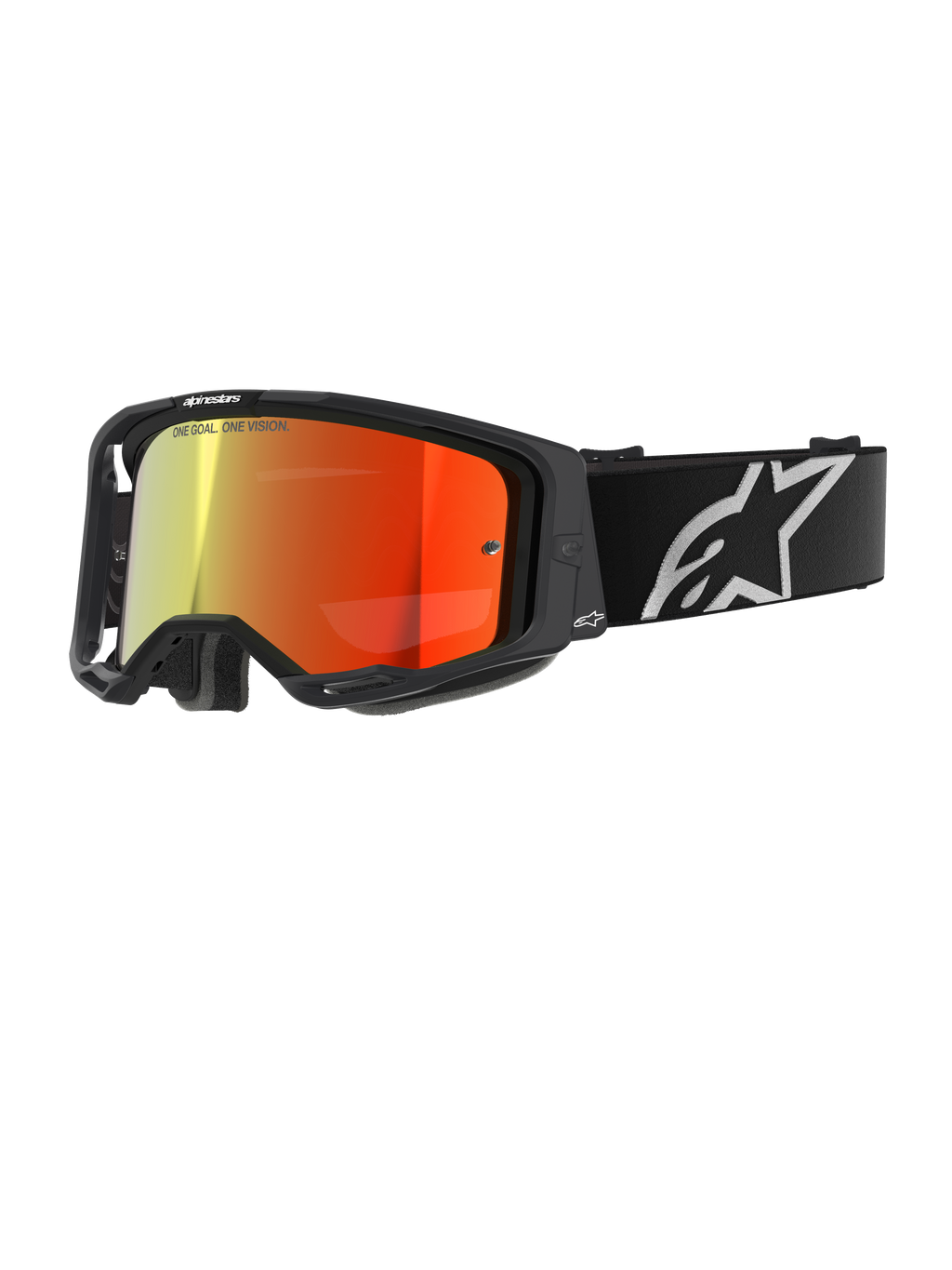 Gafas Alpinestars Vision 8 Corp, gafas de motocross, negras con lente de espejo roja, degradado reflectante de amarillo a rojo, correa ajustable negra con logotipo de estrella blanca grande, acolchado de espuma facial gris, diseño de alto rendimiento para carreras off-road
