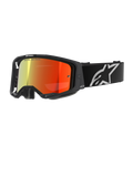 Gafas Alpinestars Vision 8 Corp, gafas de motocross, negras con lente de espejo roja, degradado reflectante de amarillo a rojo, correa ajustable negra con logotipo de estrella blanca grande, acolchado de espuma facial gris, diseño de alto rendimiento para carreras off-road