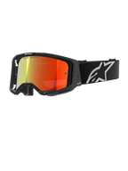 Gafas Alpinestars Vision 8 Corp, gafas de motocross, negras con lente de espejo roja, degradado reflectante de amarillo a rojo, correa ajustable negra con logotipo de estrella blanca grande, acolchado de espuma facial gris, diseño de alto rendimiento para carreras off-road