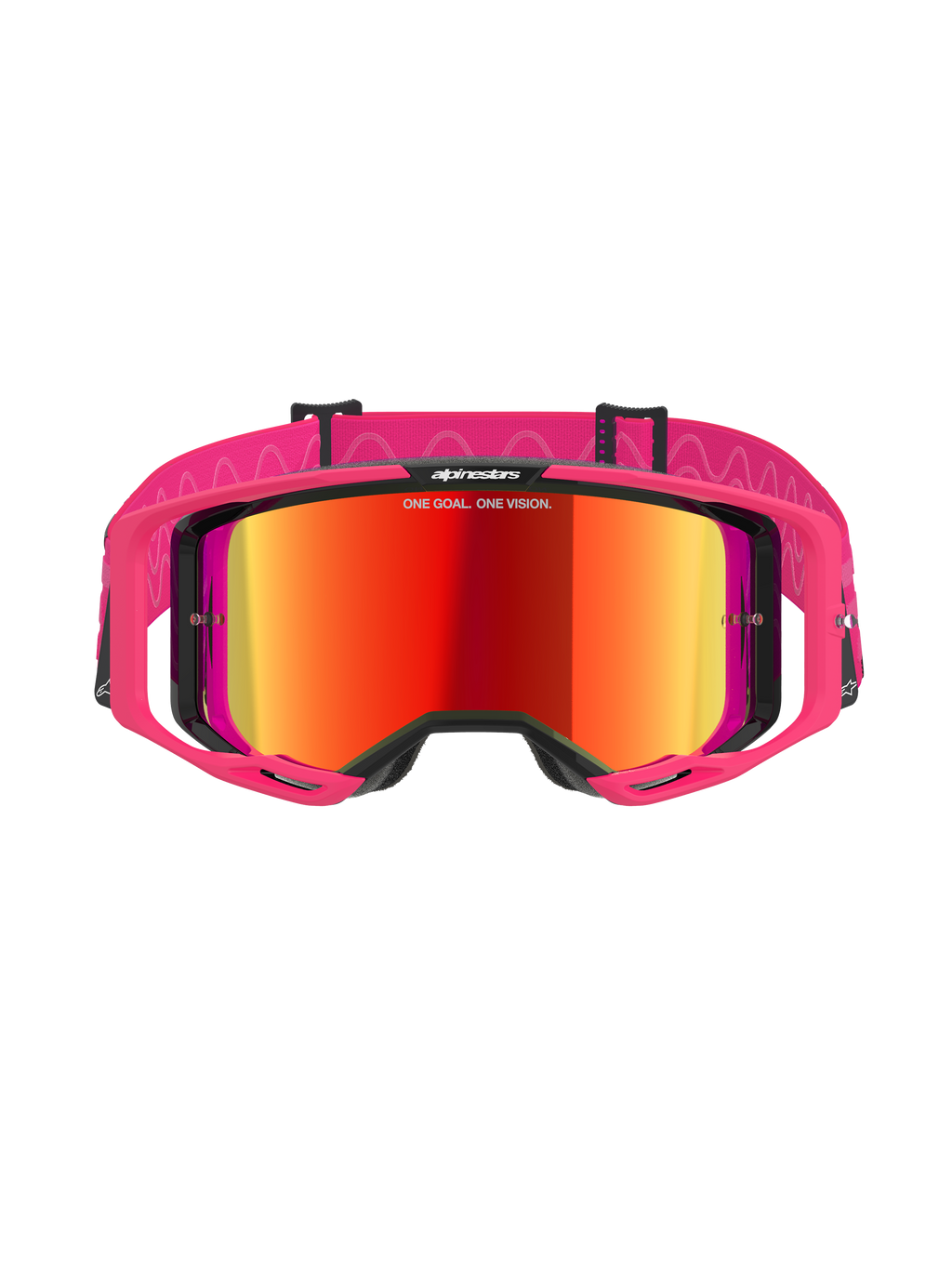 Alpinestars Vision 8 Corp Goggles, gafas de motocross, rosa con lente roja de espejo, con montura A-FLEX rosa y lente roja espejada, correa rosa con patrones ondulados blancos y logotipo, gafas profesionales para carreras off-road