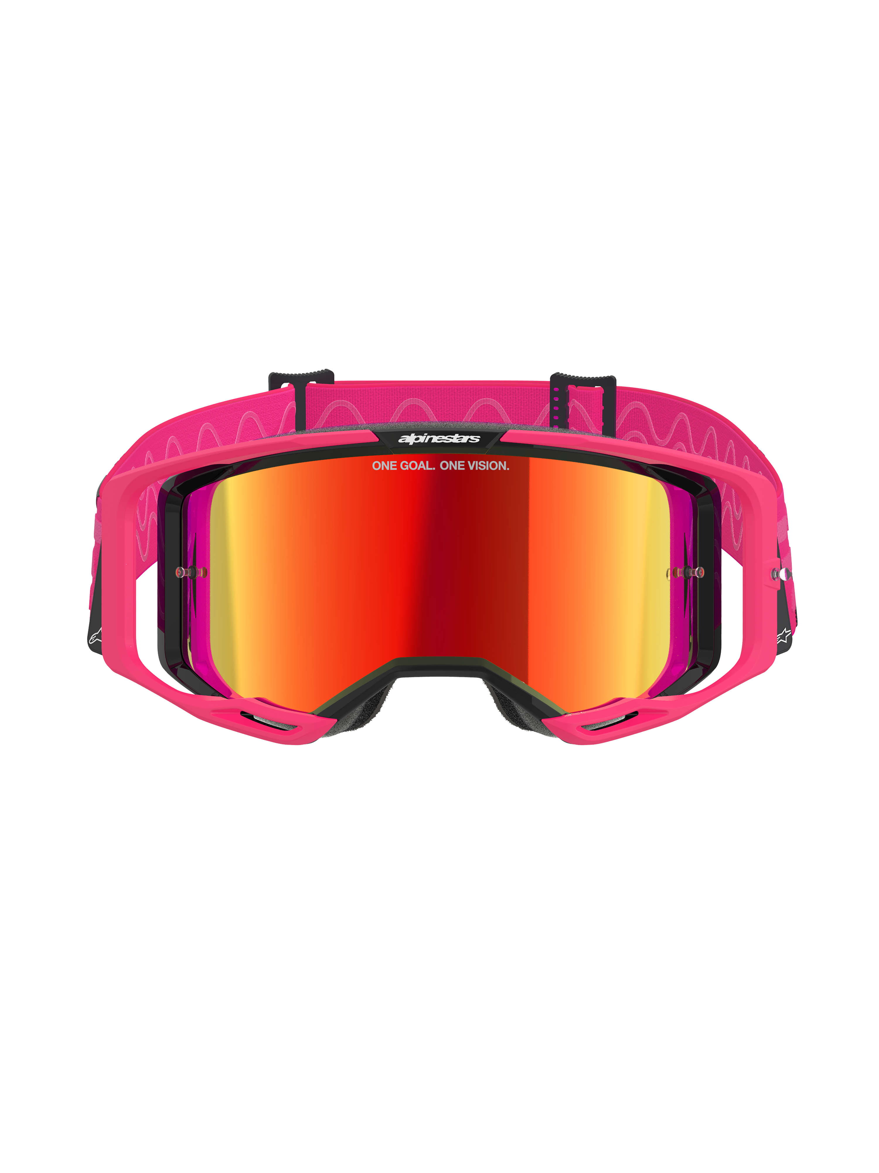 Alpinestars Vision 8 Corp Goggles, gafas de motocross, rosa con lente roja de espejo, con montura A-FLEX rosa y lente roja espejada, correa rosa con patrones ondulados blancos y logotipo, gafas profesionales para carreras off-road