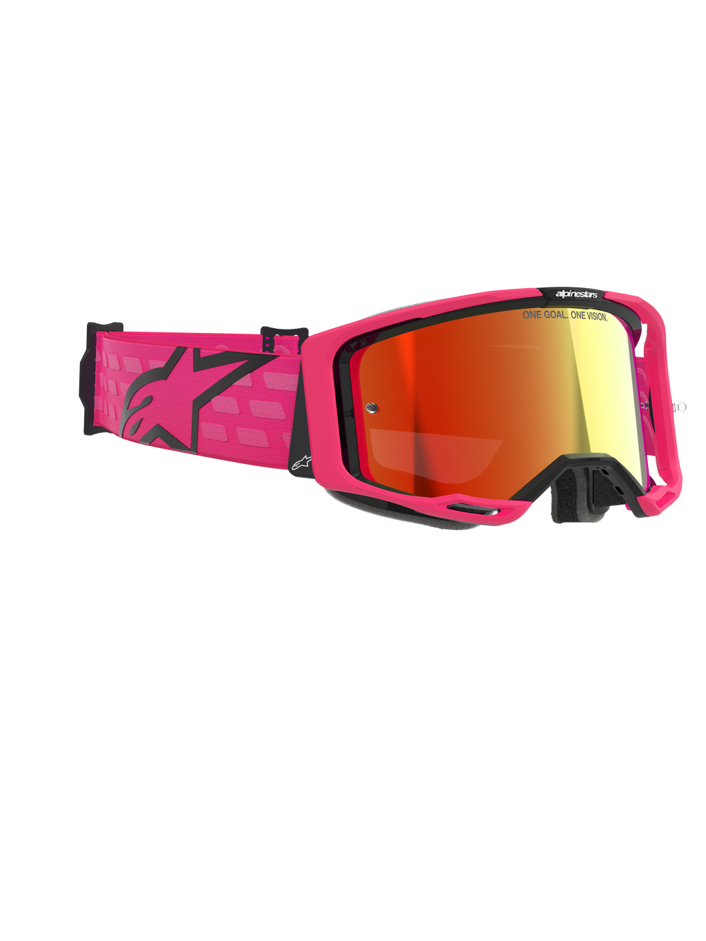 Gafas Alpinestars Vision 8 Corp, gafas de motocross, rosa y rojo espejado, con montura rosa brillante y correa ancha con logo de Alpinestars en negro, lente roja espejada antiempañante, protección de alto rendimiento para carreras off-road