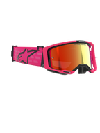 Gafas Alpinestars Vision 8 Corp, gafas de motocross, rosa y rojo espejado, con montura rosa brillante y correa ancha con logo de Alpinestars en negro, lente roja espejada antiempañante, protección de alto rendimiento para carreras off-road