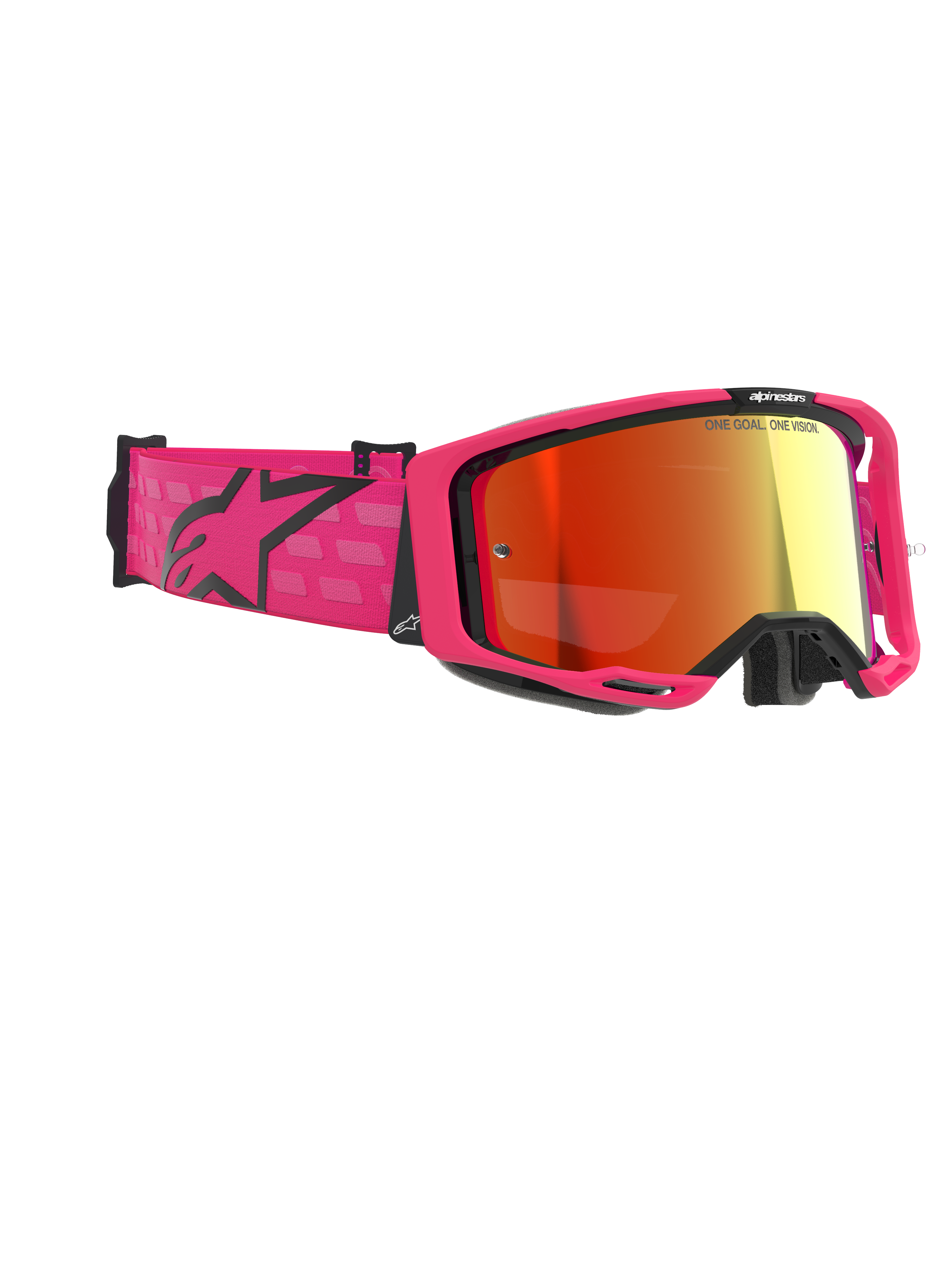 Gafas Alpinestars Vision 8 Corp, gafas de motocross, rosa y rojo espejado, con montura rosa brillante y correa ancha con logo de Alpinestars en negro, lente roja espejada antiempañante, protección de alto rendimiento para carreras off-road