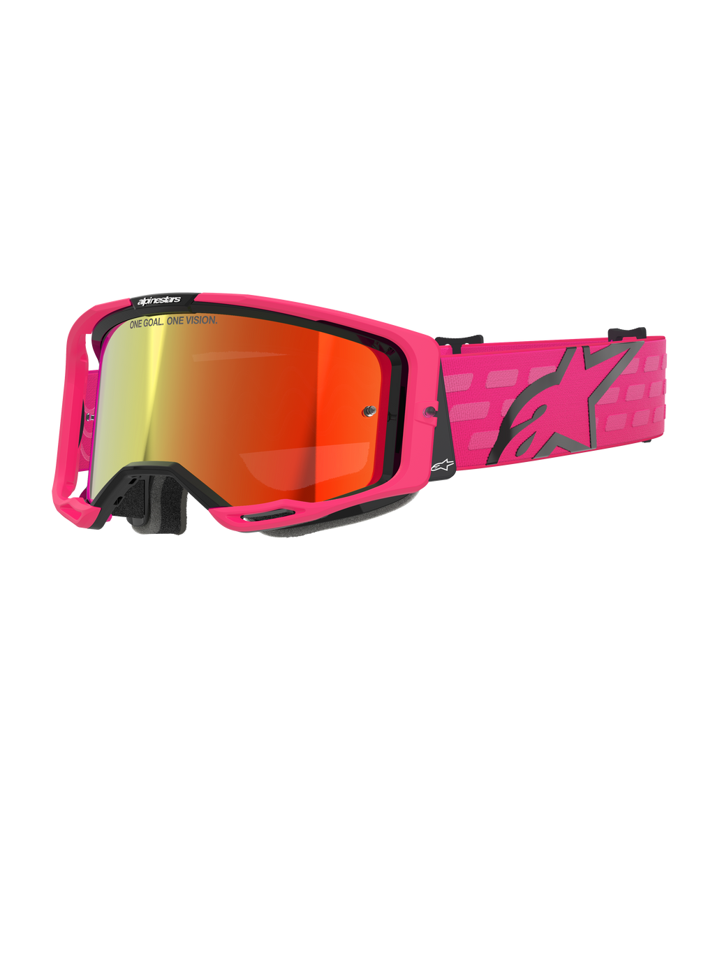 Alpinestars Vision 8 Corp, gafas de motocross, rosa y rojo espejado, montura rosa con detalles negros, correa rosa ajustable con logo negro y patrón de cuadros, gafas profesionales para off-road
