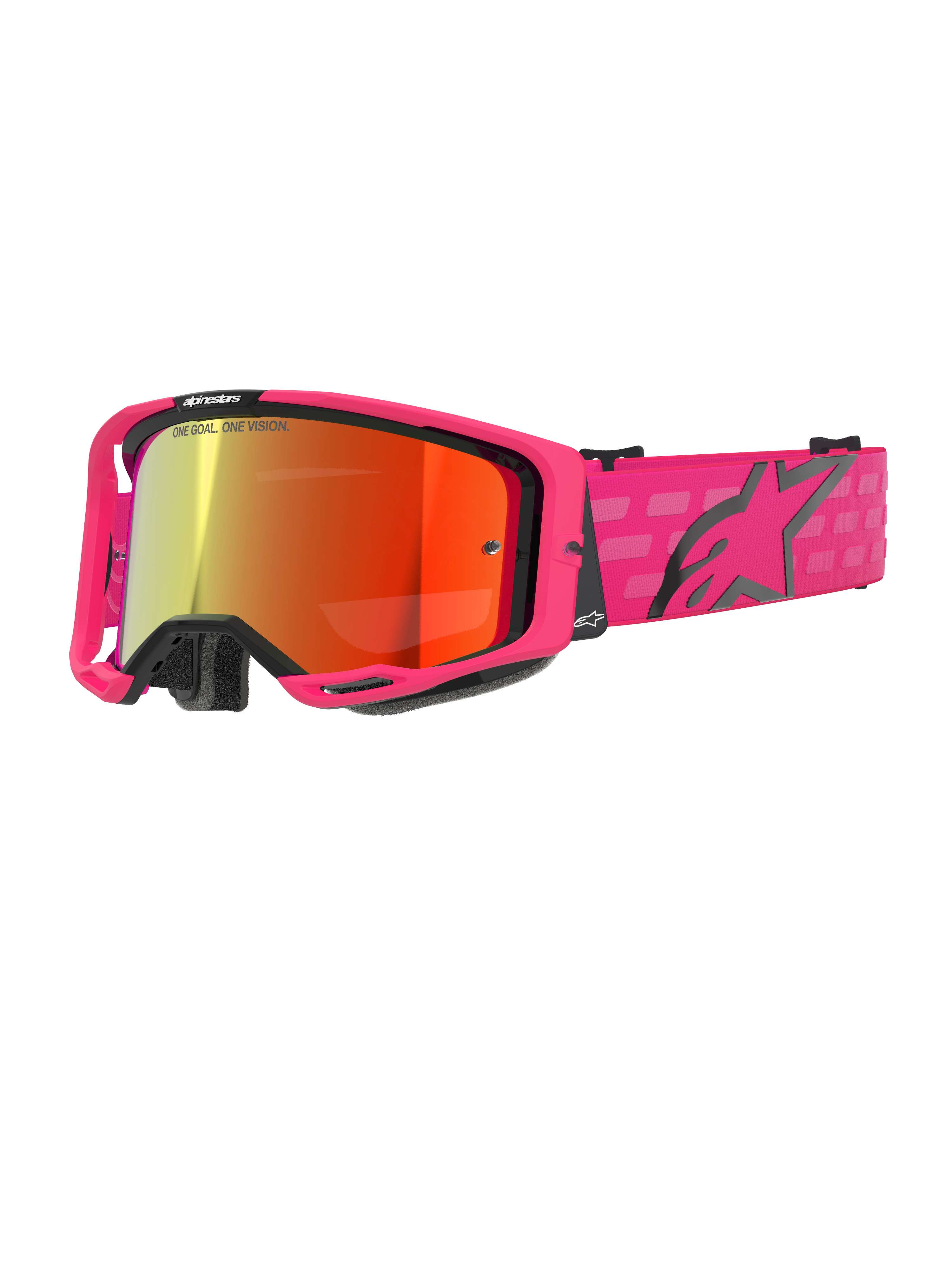 Alpinestars Vision 8 Corp, gafas de motocross, rosa y rojo espejado, montura rosa con detalles negros, correa rosa ajustable con logo negro y patrón de cuadros, gafas profesionales para off-road