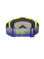 Gafas Alpinestars Vision 8 Corp, vista trasera centrada en la correa con degradado púrpura y azul, con el texto 'ALPINESTARS ONE GOAL. ONE VISION.' en amarillo fluorescente, montura A-FLEX en amarillo brillante y púrpura con espuma facial negra, gafas de motocross profesionales.