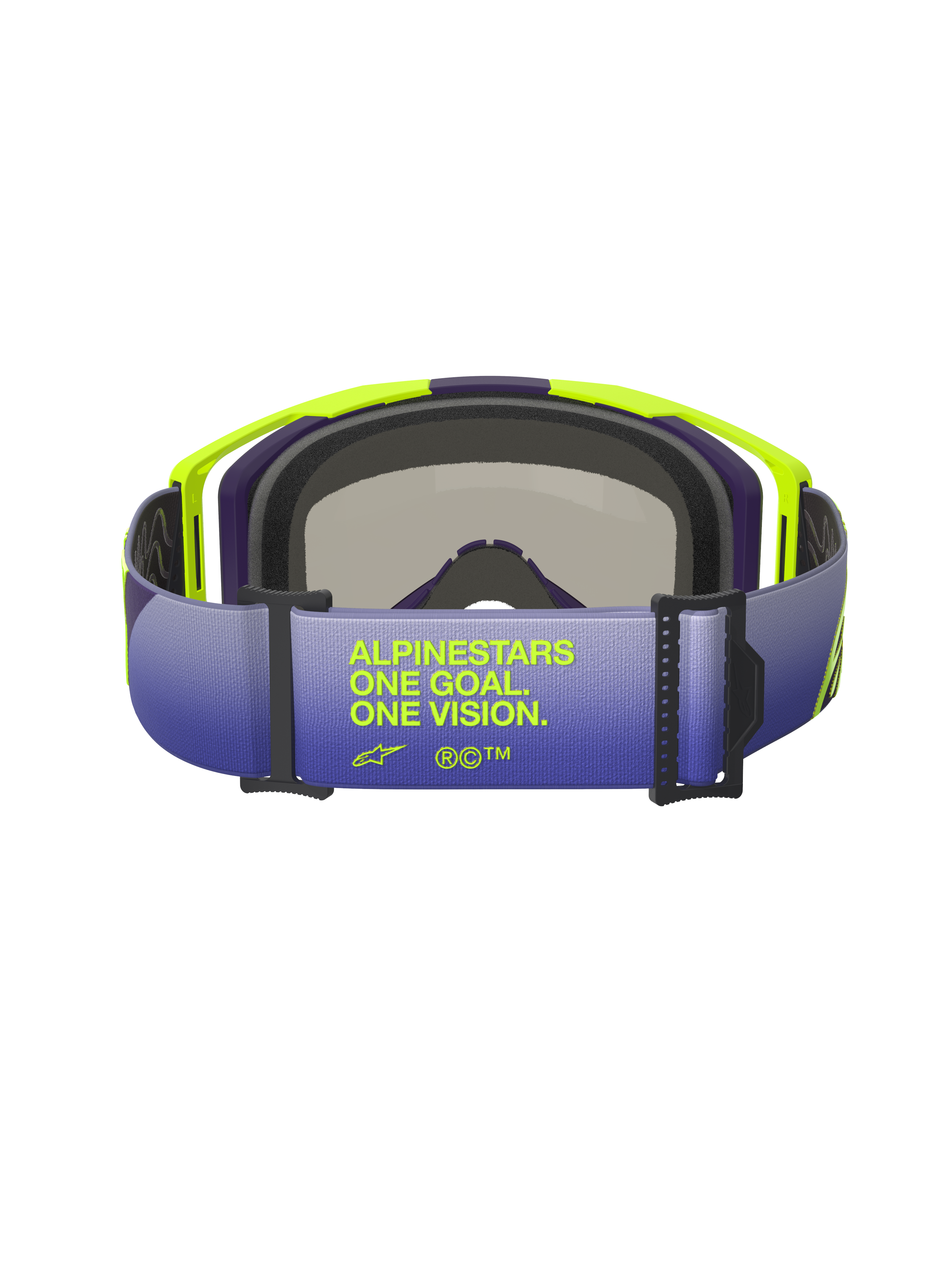 Gafas Alpinestars Vision 8 Corp, vista trasera centrada en la correa con degradado púrpura y azul, con el texto 'ALPINESTARS ONE GOAL. ONE VISION.' en amarillo fluorescente, montura A-FLEX en amarillo brillante y púrpura con espuma facial negra, gafas de motocross profesionales.