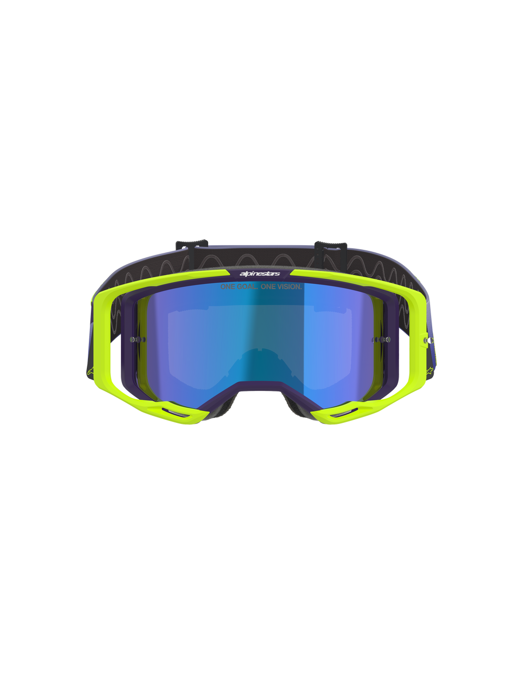 Gafas Alpinestars Vision 8 Corp, gafas de motocross, morado y amarillo flúor, con lente de espejo azul, montura A-FLEX amarillo flúor con detalles en morado y correa ajustable morada, gafas de alto rendimiento para off-road