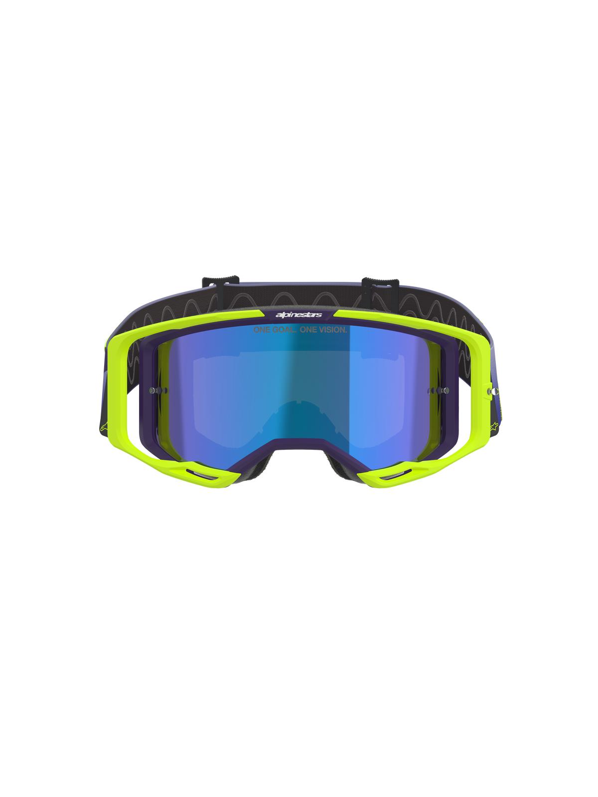 Gafas Alpinestars Vision 8 Corp, gafas de motocross, morado y amarillo flúor, con lente de espejo azul, montura A-FLEX amarillo flúor con detalles en morado y correa ajustable morada, gafas de alto rendimiento para off-road