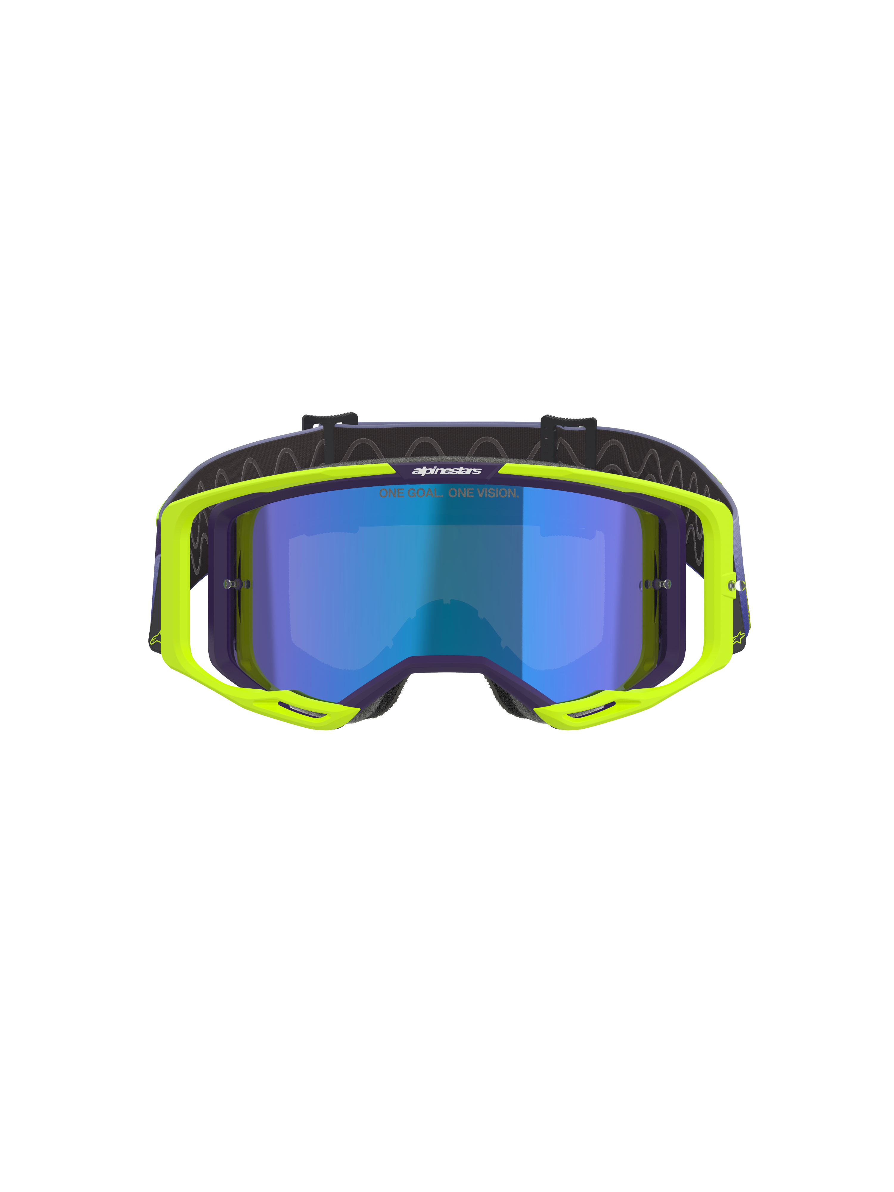 Gafas Alpinestars Vision 8 Corp, gafas de motocross, morado y amarillo flúor, con lente de espejo azul, montura A-FLEX amarillo flúor con detalles en morado y correa ajustable morada, gafas de alto rendimiento para off-road