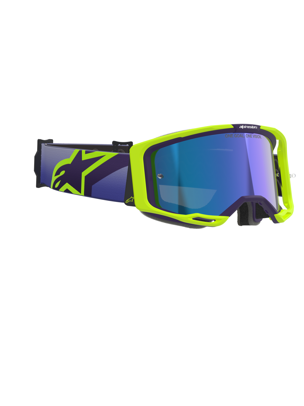 Gafas Alpinestars Vision 8 Corp, gafas de motocross, morado y amarillo fluorescente, con lente azul espejo, correa ancha morada con el logotipo de Alpinestars en amarillo, montura flexible con detalles de ventilación para un rendimiento off-road