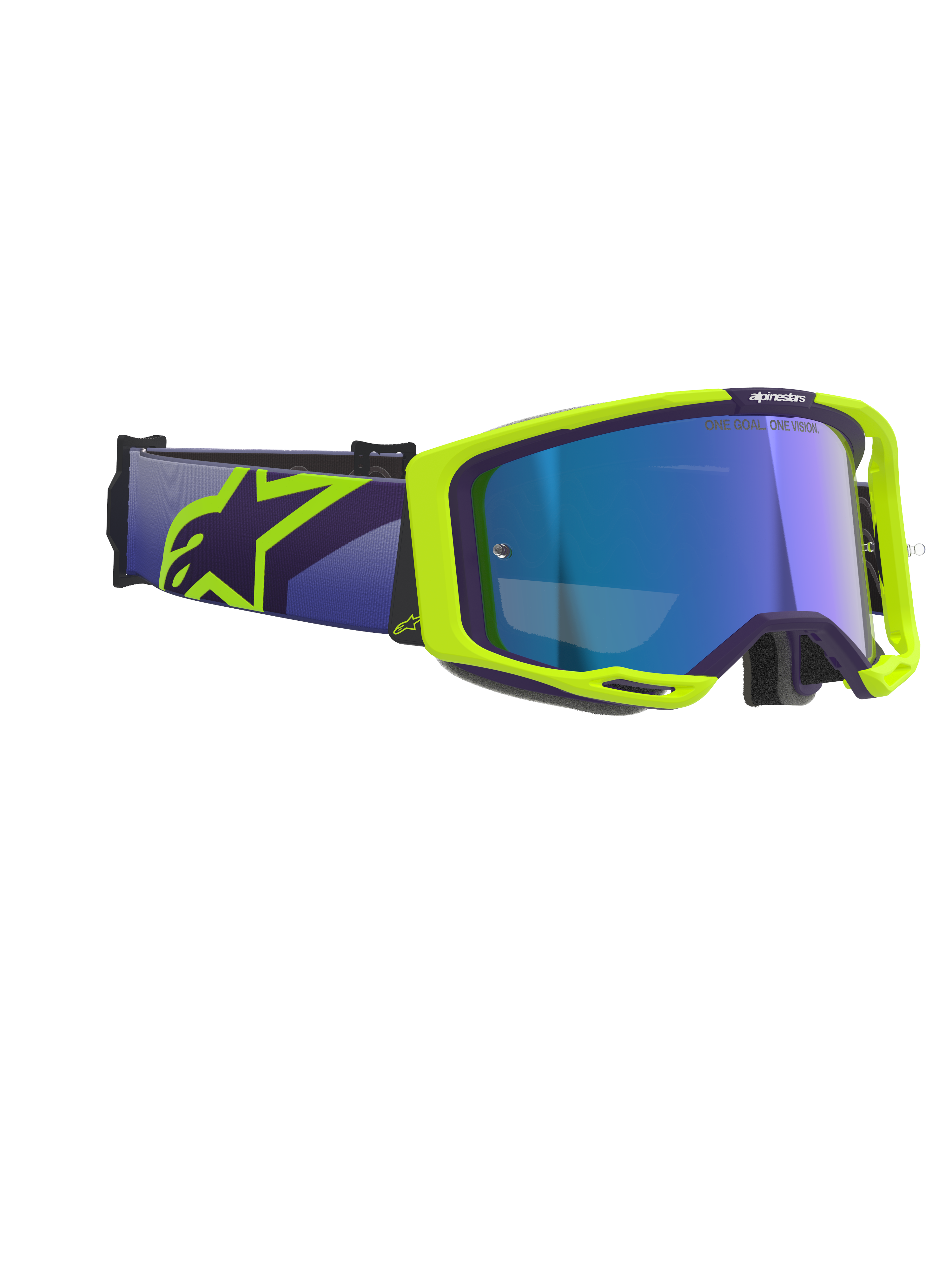 Gafas Alpinestars Vision 8 Corp, gafas de motocross, morado y amarillo fluorescente, con lente azul espejo, correa ancha morada con el logotipo de Alpinestars en amarillo, montura flexible con detalles de ventilación para un rendimiento off-road