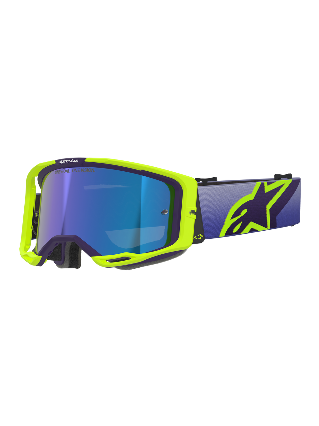 Gafas Alpinestars Vision 8 Corp, gafas de motocross, montura morada y amarillo flúor con lente de espejo azul, con una correa ancha morada y el logotipo de Alpinestars en amarillo vibrante, gafas de alto rendimiento para carreras off-road