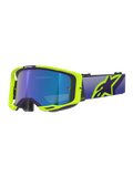 Gafas Alpinestars Vision 8 Corp, gafas de motocross, montura morada y amarillo flúor con lente de espejo azul, con una correa ancha morada y el logotipo de Alpinestars en amarillo vibrante, gafas de alto rendimiento para carreras off-road