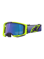 Gafas Alpinestars Vision 8 Corp, gafas de motocross, montura morada y amarillo flúor con lente de espejo azul, con una correa ancha morada y el logotipo de Alpinestars en amarillo vibrante, gafas de alto rendimiento para carreras off-road