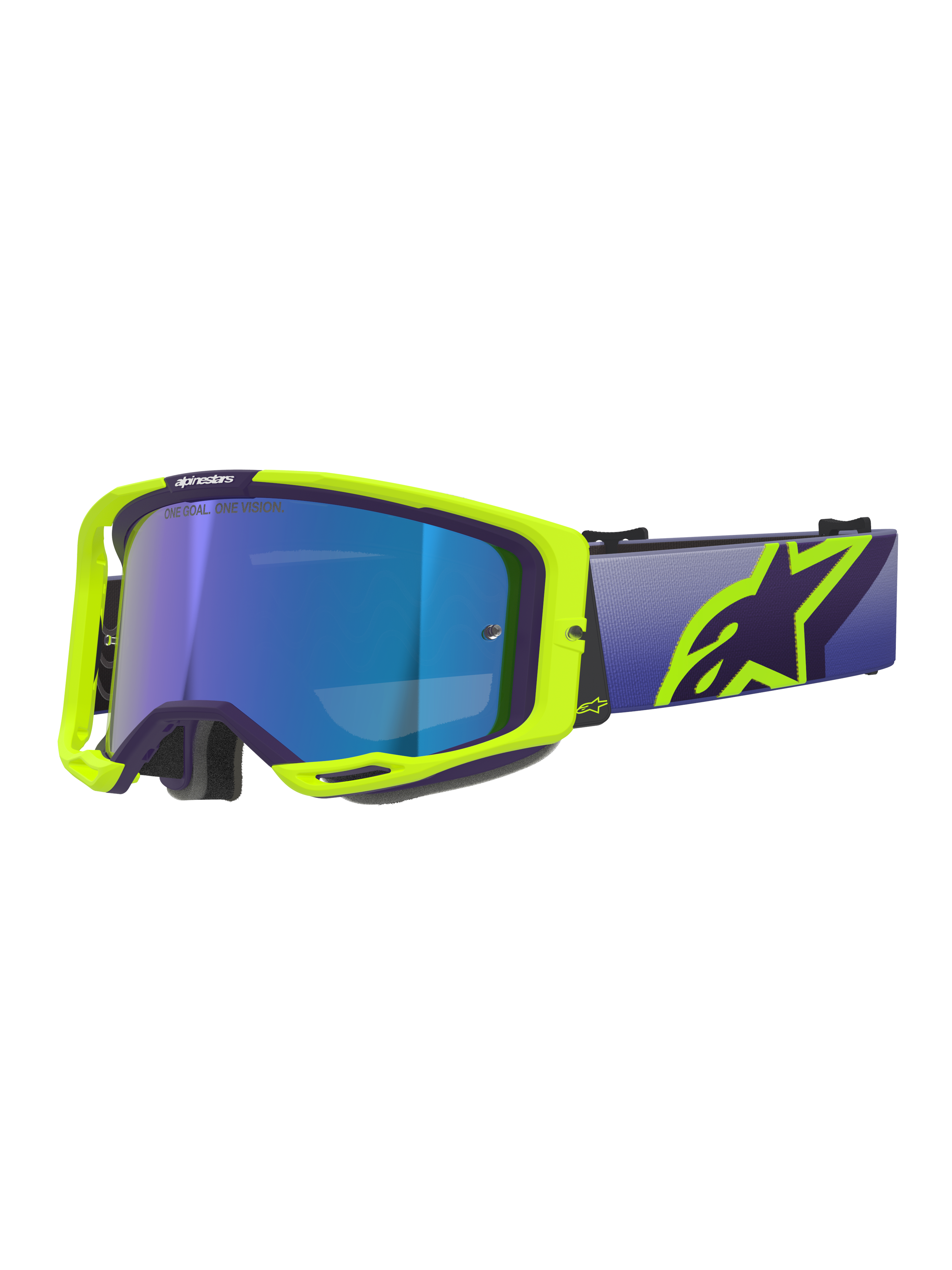 Gafas Alpinestars Vision 8 Corp, gafas de motocross, montura morada y amarillo flúor con lente de espejo azul, con una correa ancha morada y el logotipo de Alpinestars en amarillo vibrante, gafas de alto rendimiento para carreras off-road