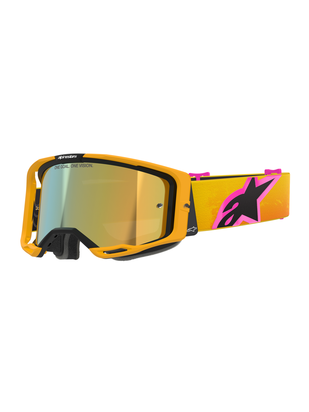 Gafas Alpinestars Vision 8 Corp, gafas de motocross, montura naranja con lente Mirror Gold, correa con degradado amarillo y naranja con un logotipo de Alpinestars grande en rosa y negro, diseño de alto rendimiento para carreras off-road