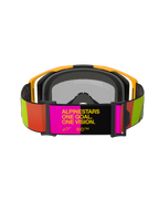Alpinestars Vision 8 Corp Goggles, Motocross Goggles, Yellow and Pink, rear view featuring adjustable strap with "ALPINESTARS ONE GOAL. ONE VISION." slogan, vibrant lime and orange accents, yellow frame with grey face foam.